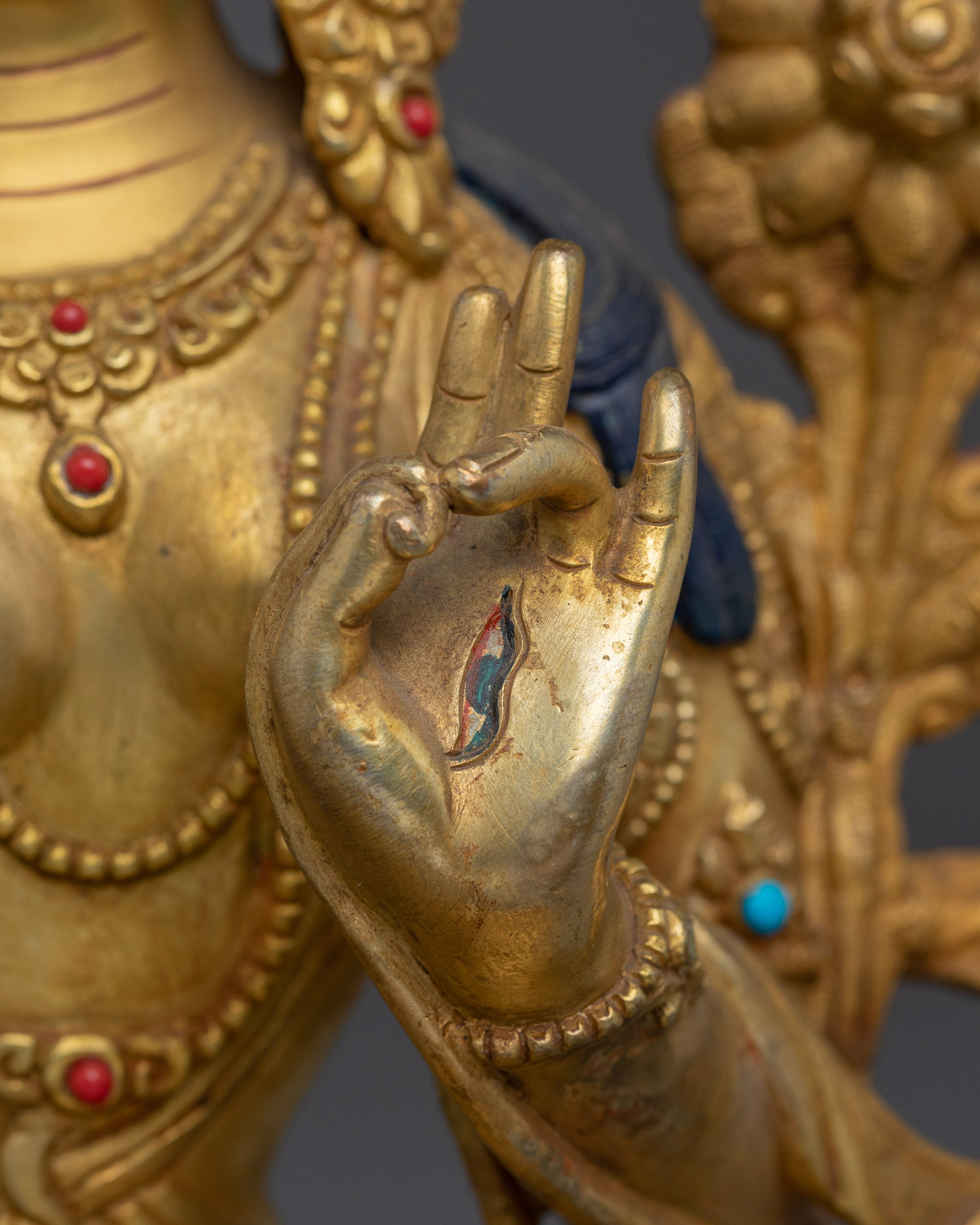 White Tara Deity with Gem-Inlaid Crown | Gold Gilded Copper Sculpture of Healing