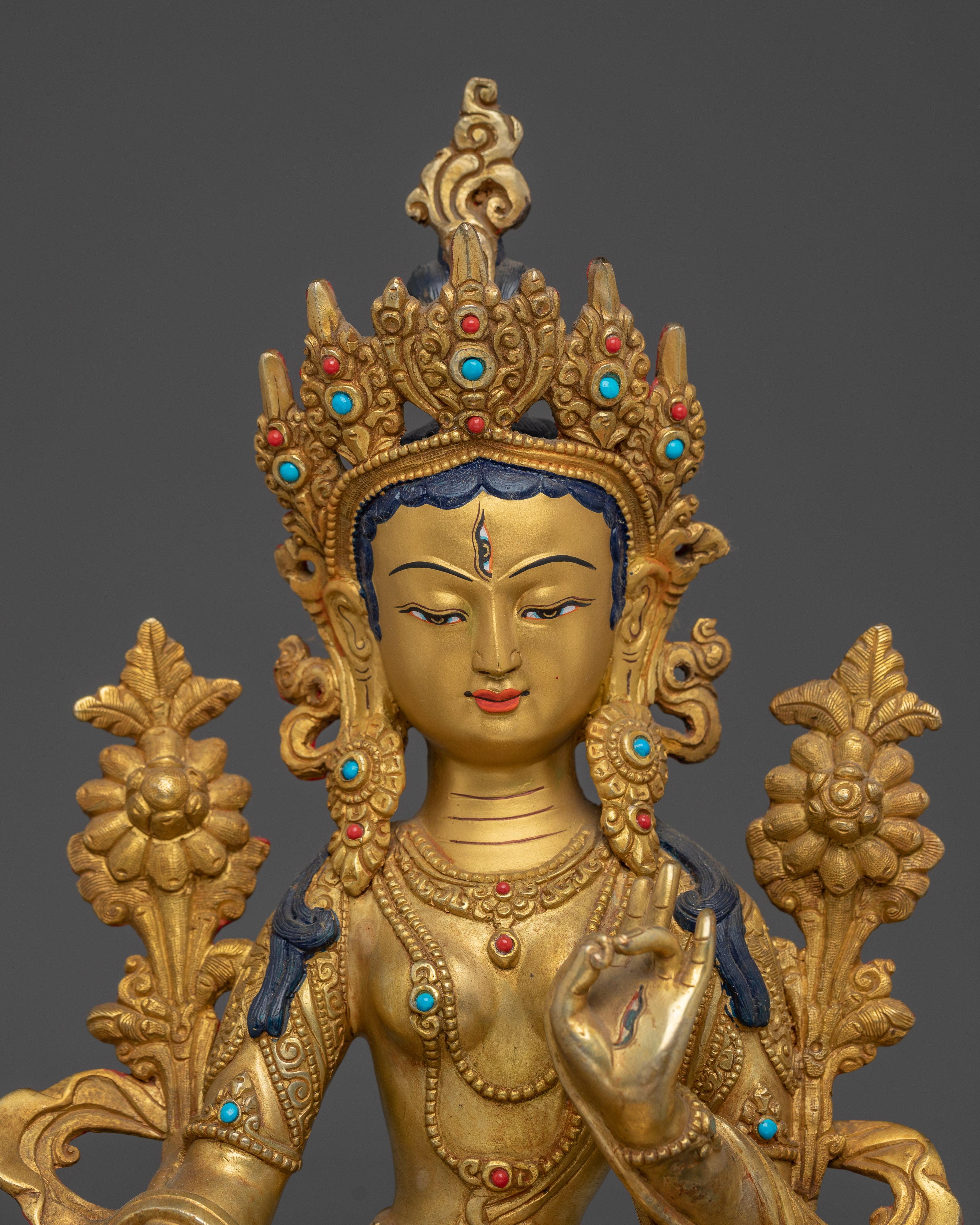 White Tara Deity with Gem-Inlaid Crown | Gold Gilded Copper Sculpture of Healing
