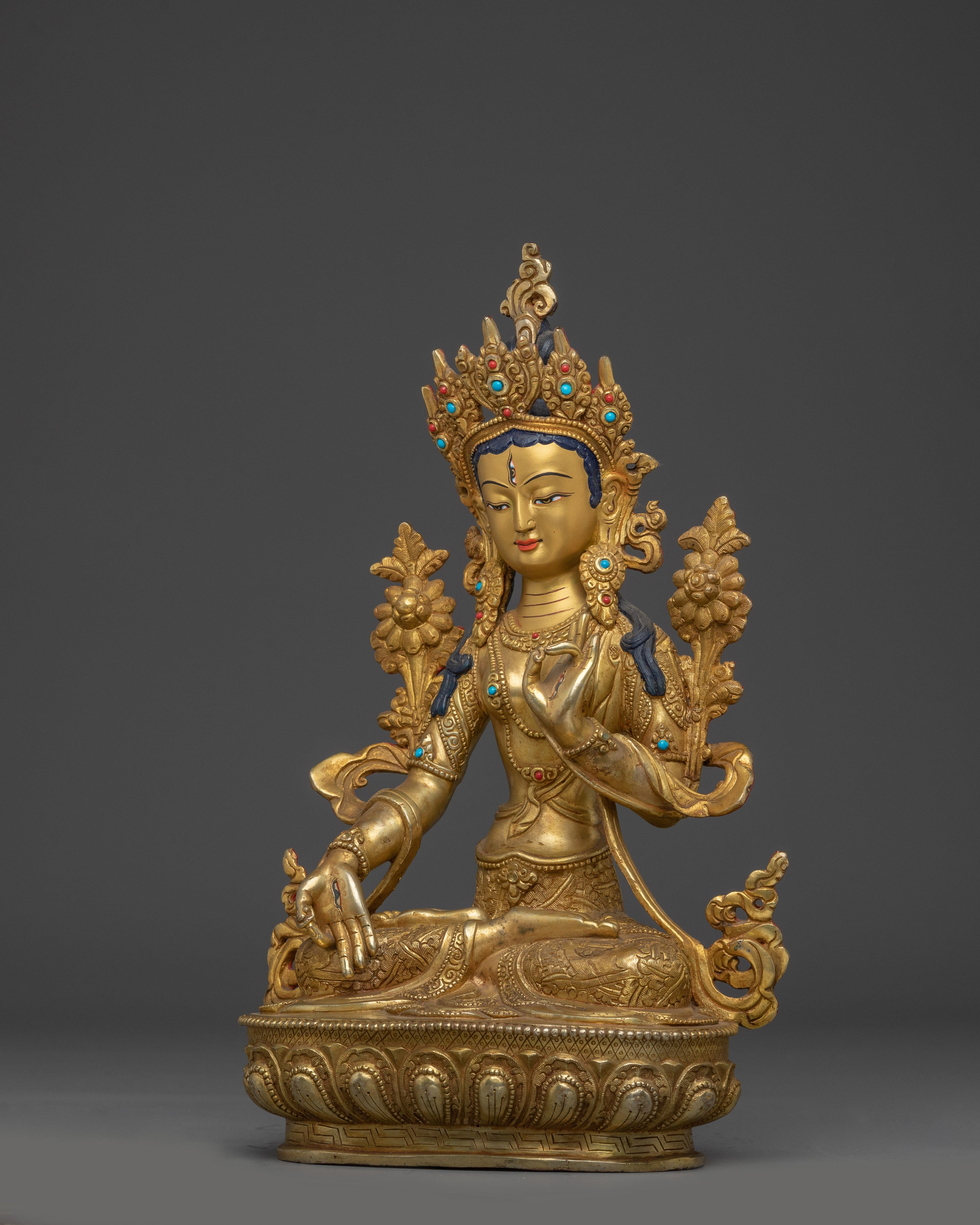 White Tara Deity with Gem-Inlaid Crown | Gold Gilded Copper Sculpture of Healing