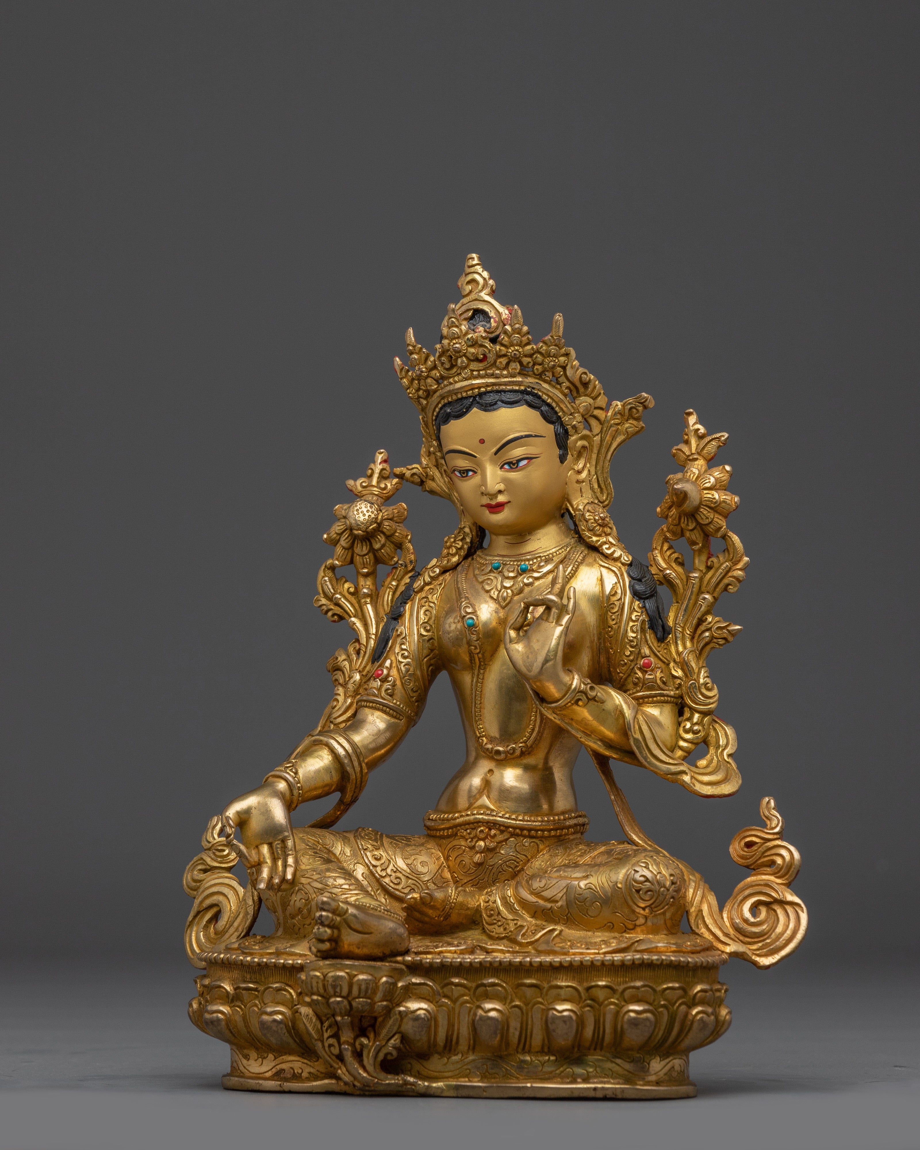 Green Tara Statue in Gold And Gemstones | Copper Deity for Healing