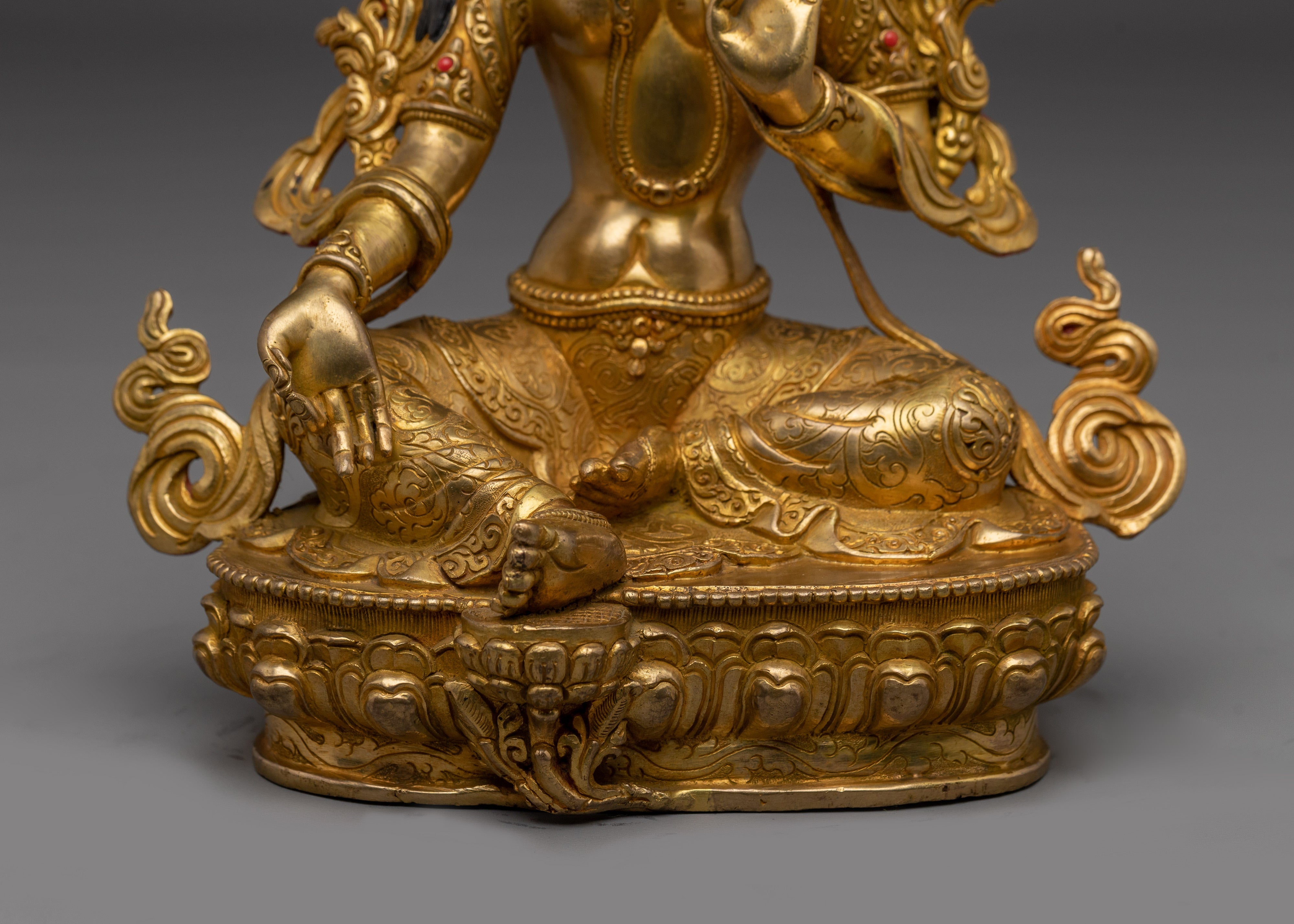 Green Tara Statue in Gold And Gemstones | Copper Deity for Healing