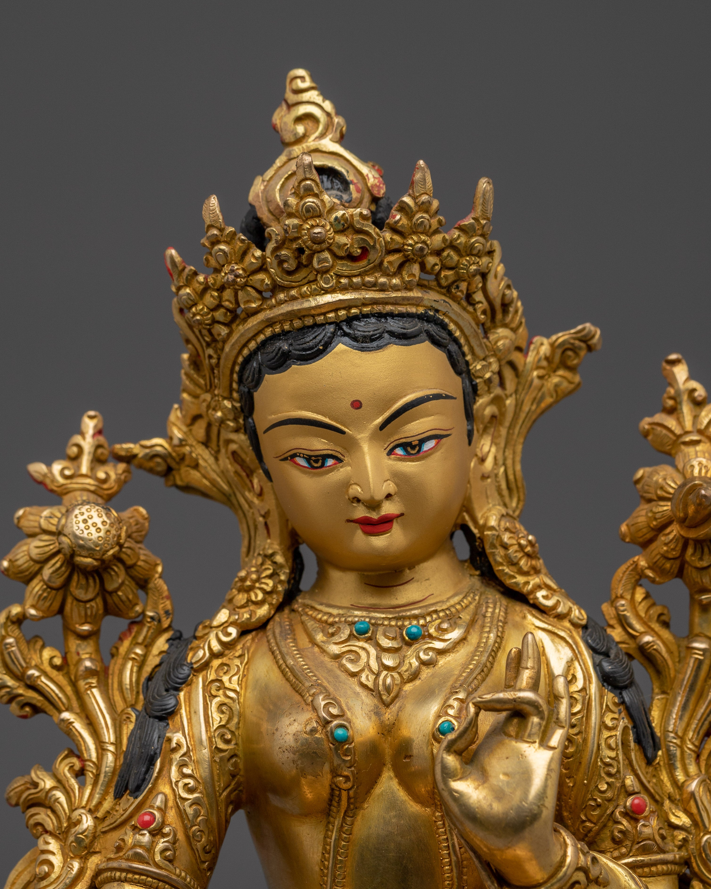 Green Tara Statue in Gold And Gemstones | Copper Deity for Healing