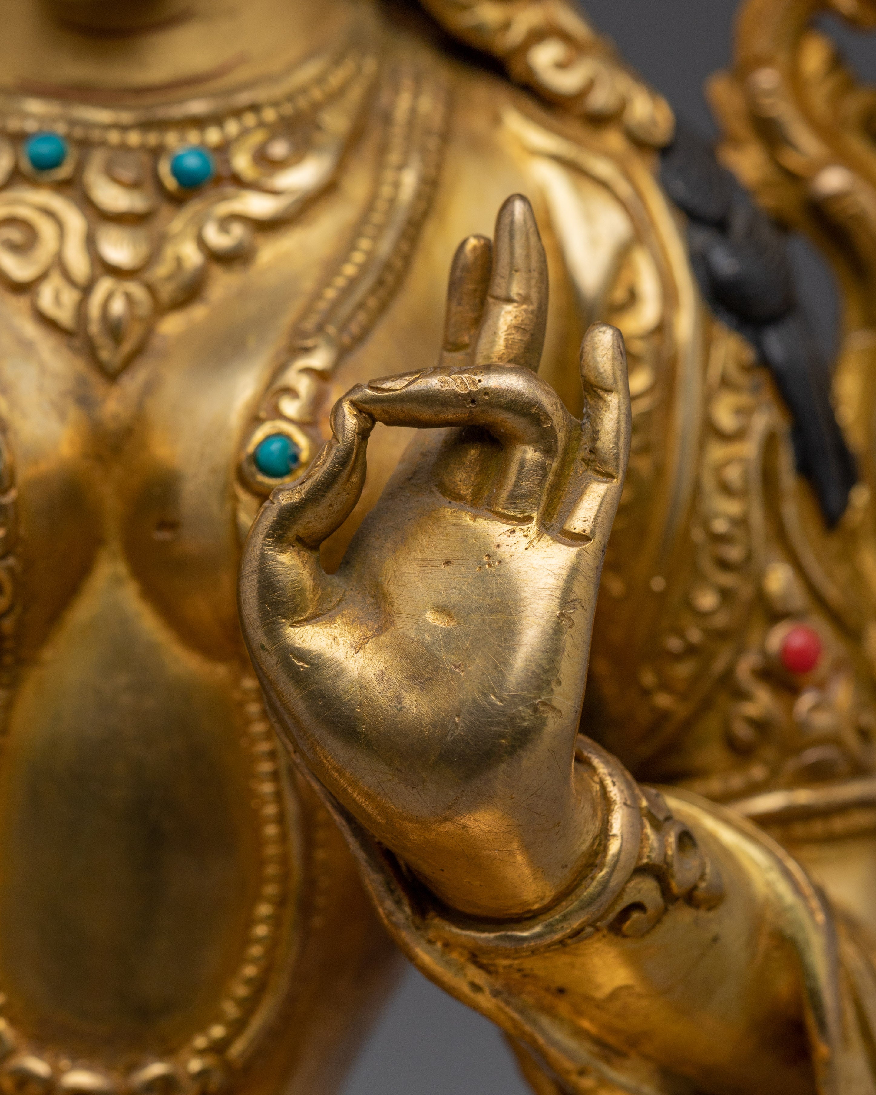 Green Tara Statue in Gold And Gemstones | Copper Deity for Healing