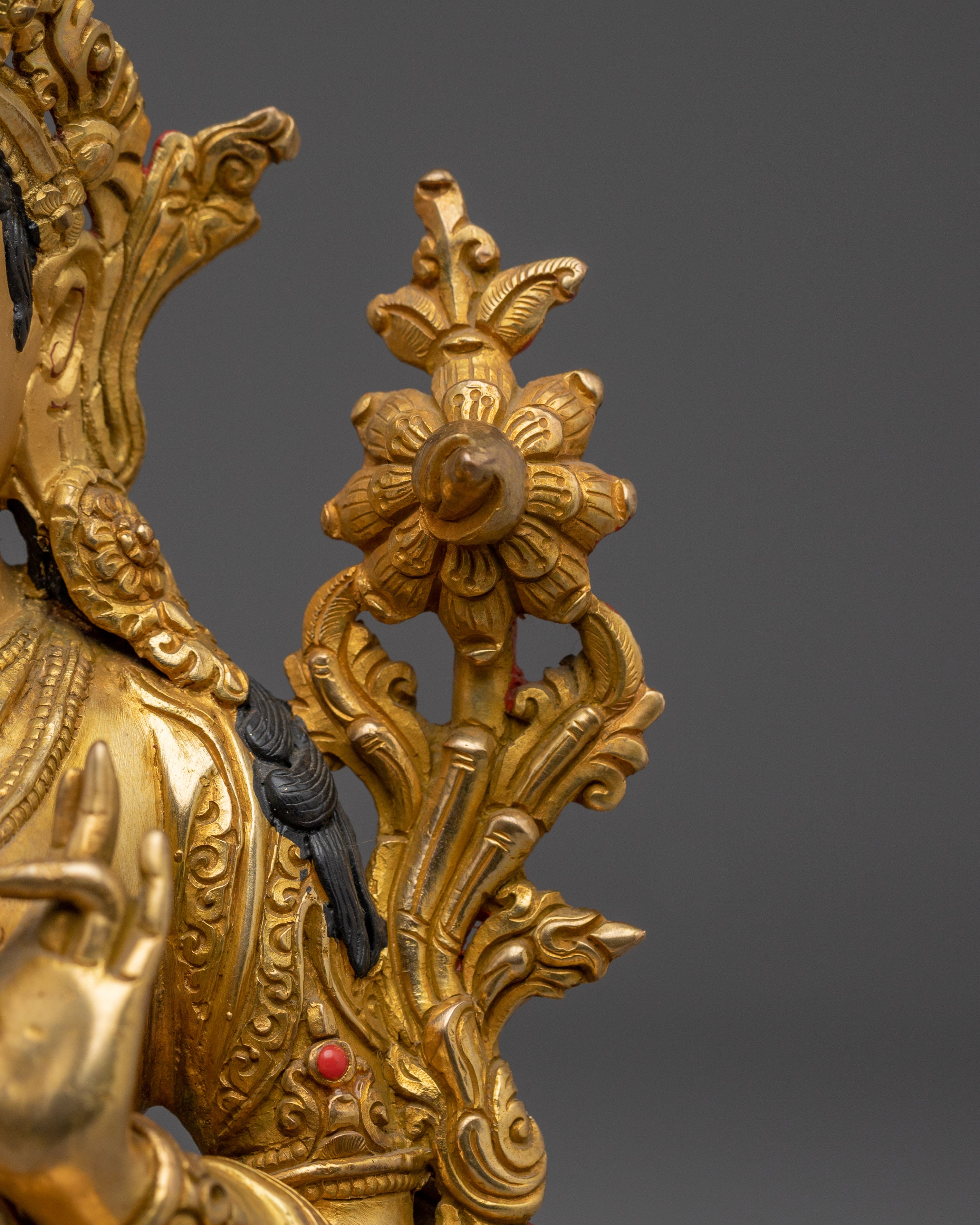 Green Tara Statue in Gold And Gemstones | Copper Deity for Healing