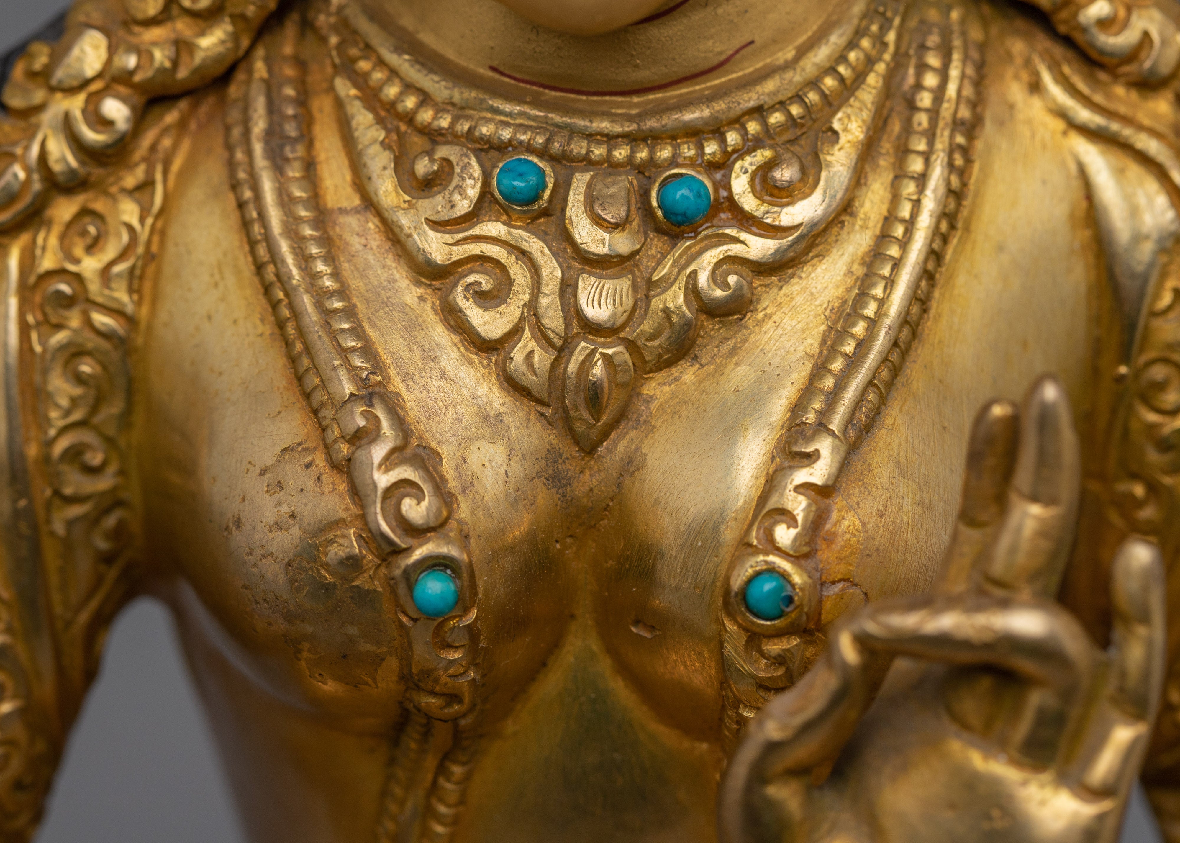Green Tara Statue in Gold And Gemstones | Copper Deity for Healing