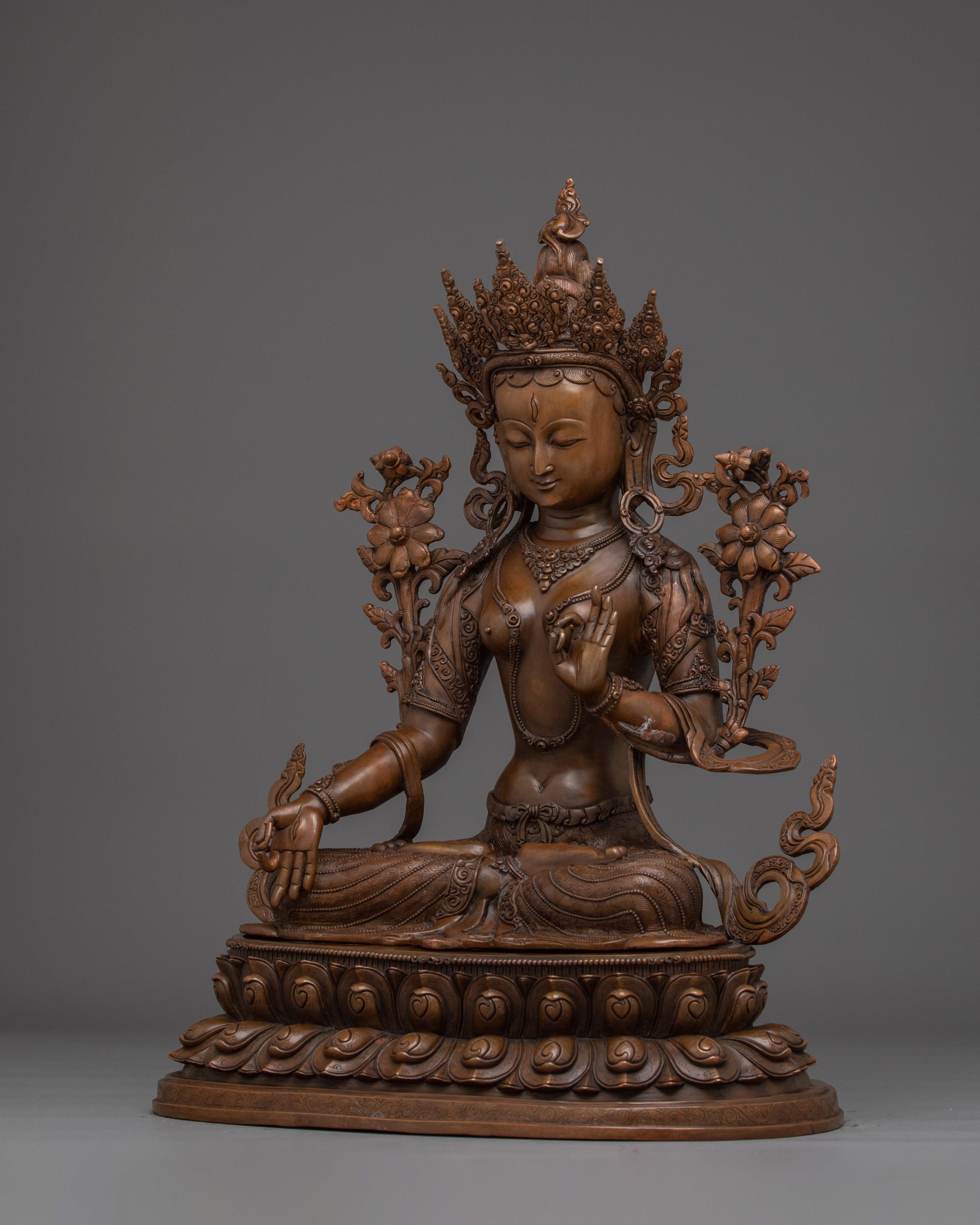 White Tara Statue in Oxidized Copper | Symbol of Compassion and Longevity