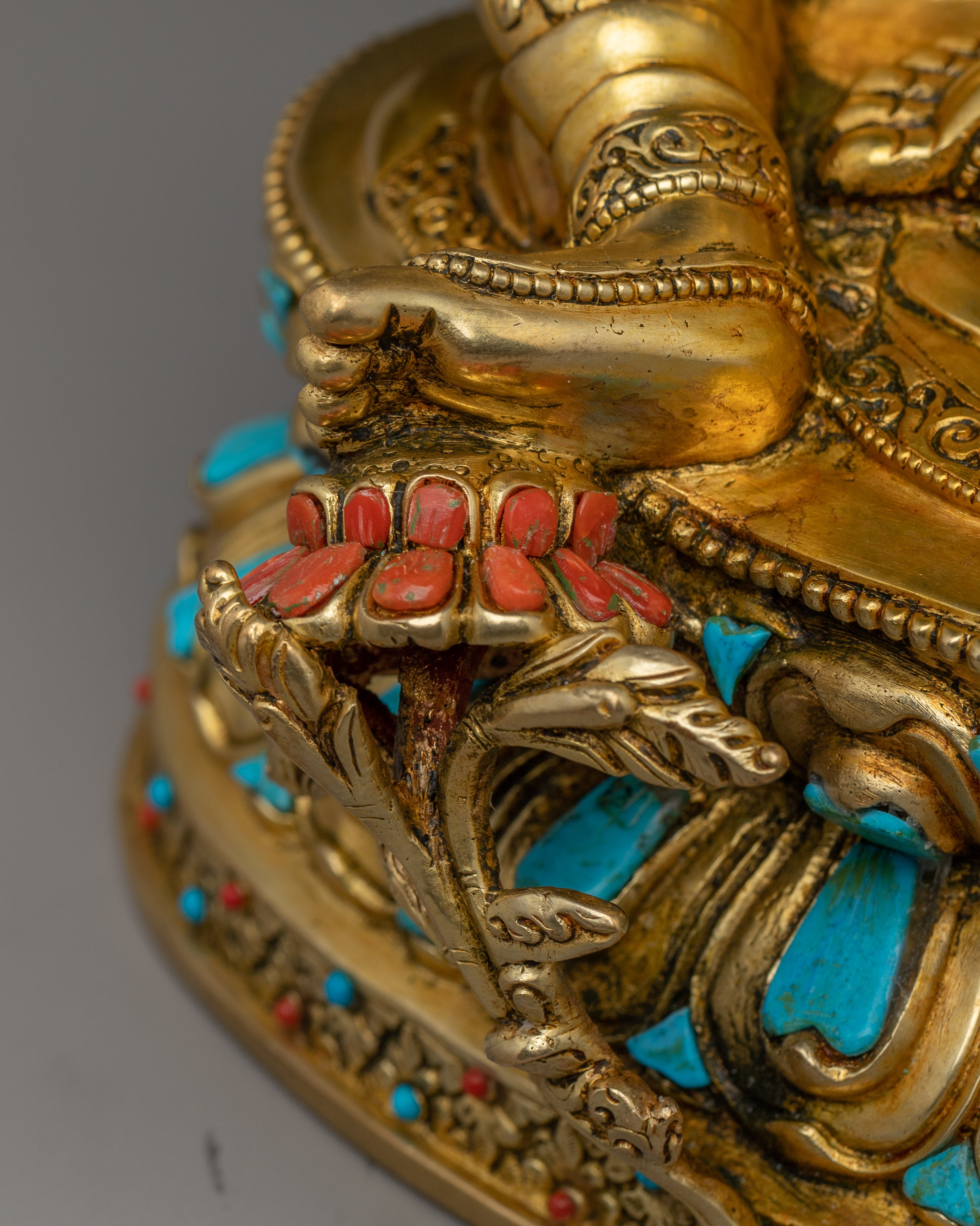 Green Tara Copper Sculpture with Gemstone Inlays | Buddhist Deity for Healing