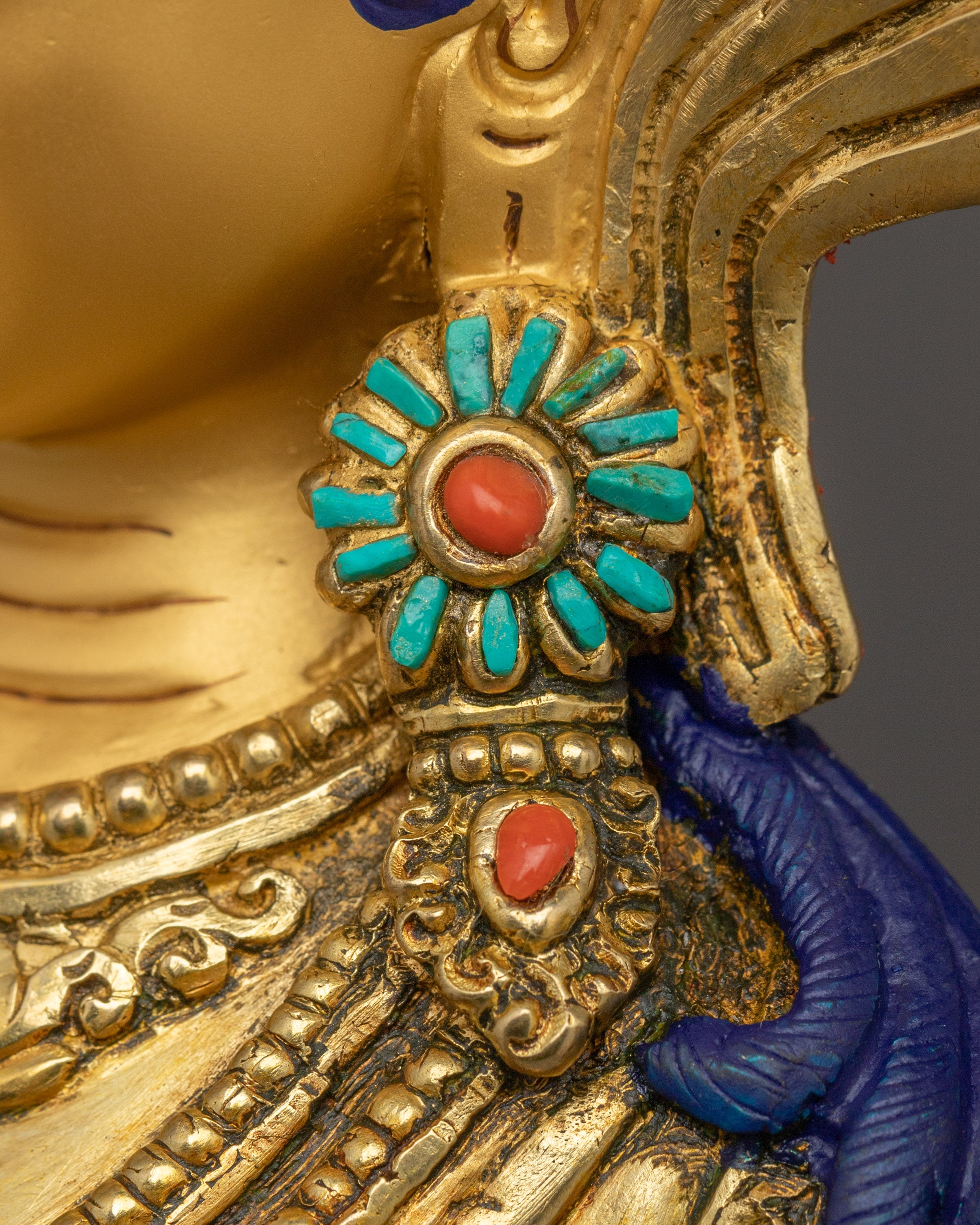 Green Tara Copper Sculpture with Gemstone Inlays | Buddhist Deity for Healing