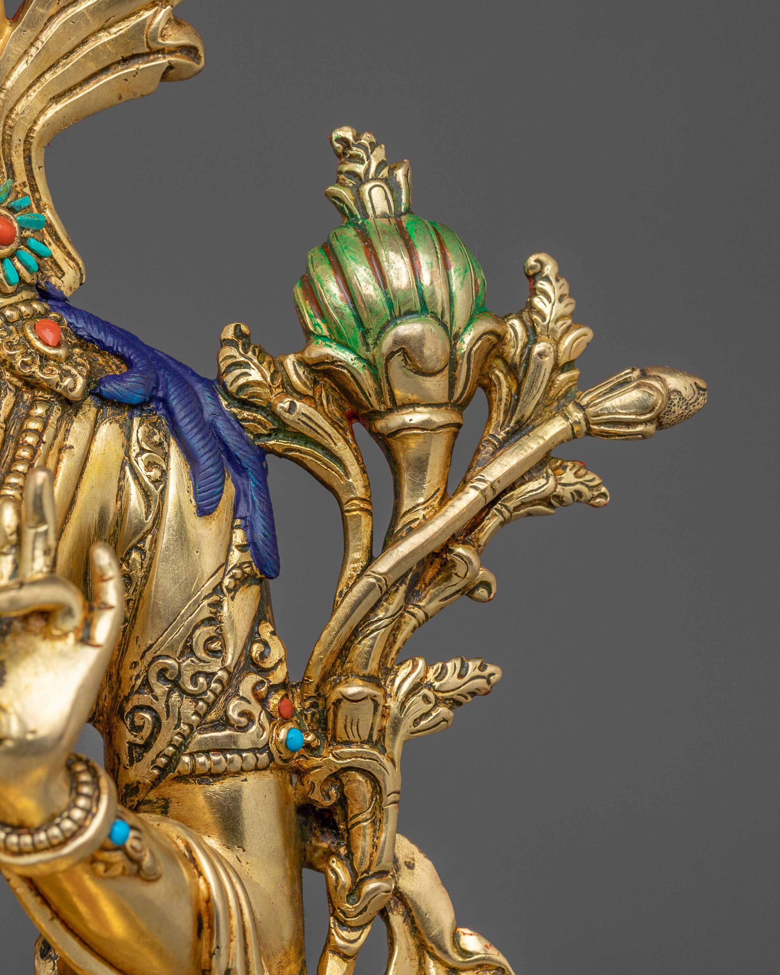 Green Tara Copper Sculpture with Gemstone Inlays | Buddhist Deity for Healing