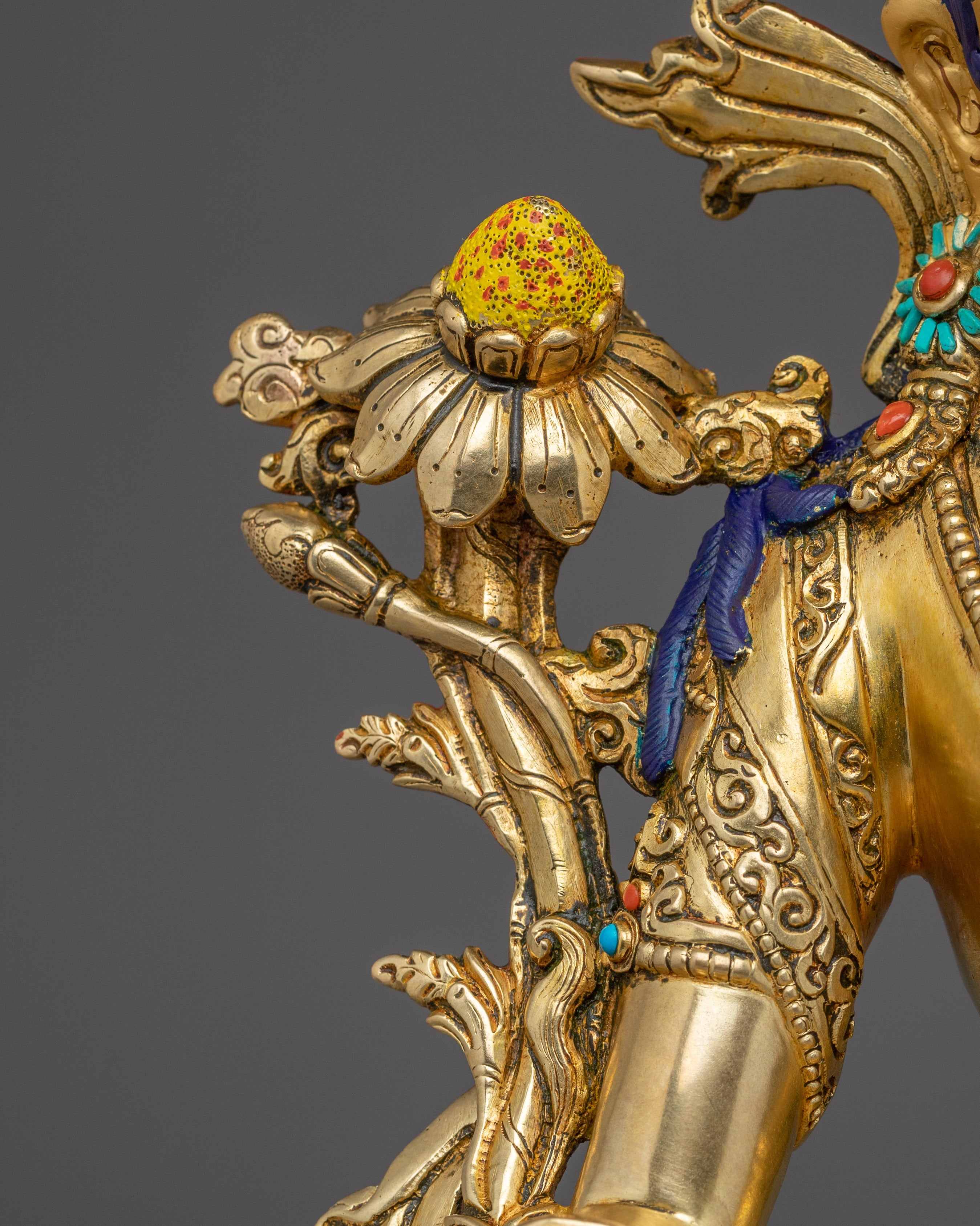 Green Tara Copper Sculpture with Gemstone Inlays | Buddhist Deity for Healing