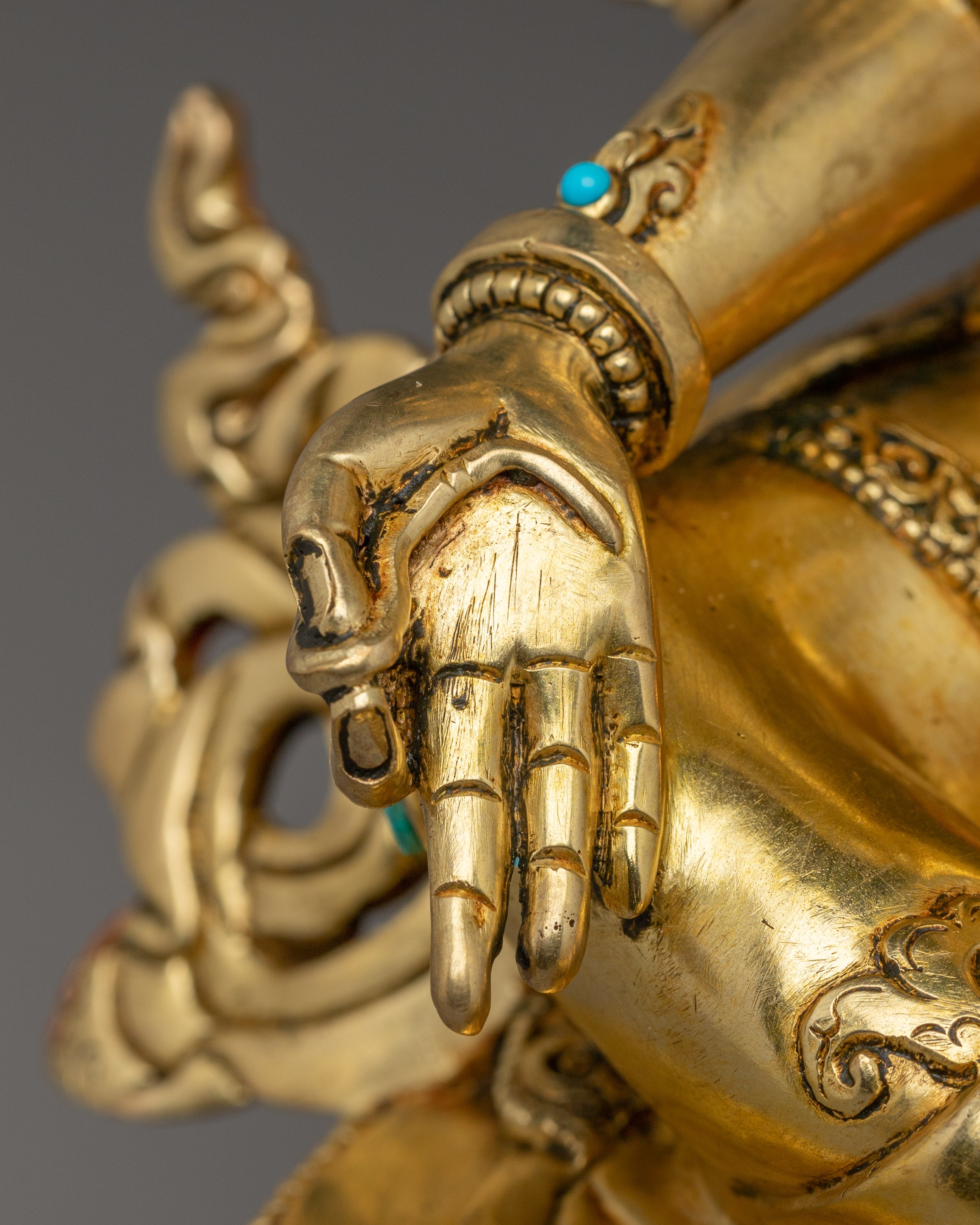 Green Tara Copper Sculpture with Gemstone Inlays | Buddhist Deity for Healing