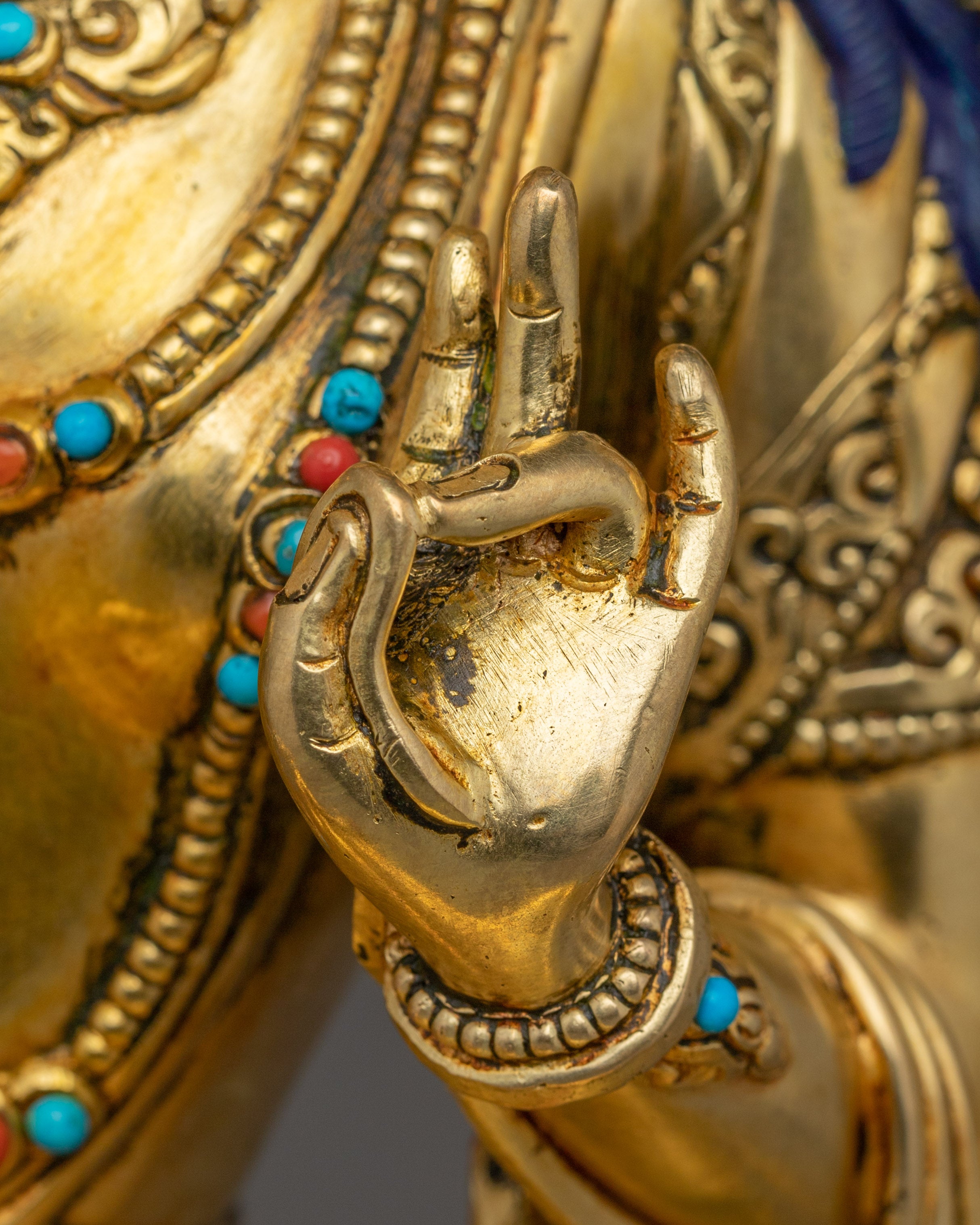 Green Tara Copper Sculpture with Gemstone Inlays | Buddhist Deity for Healing