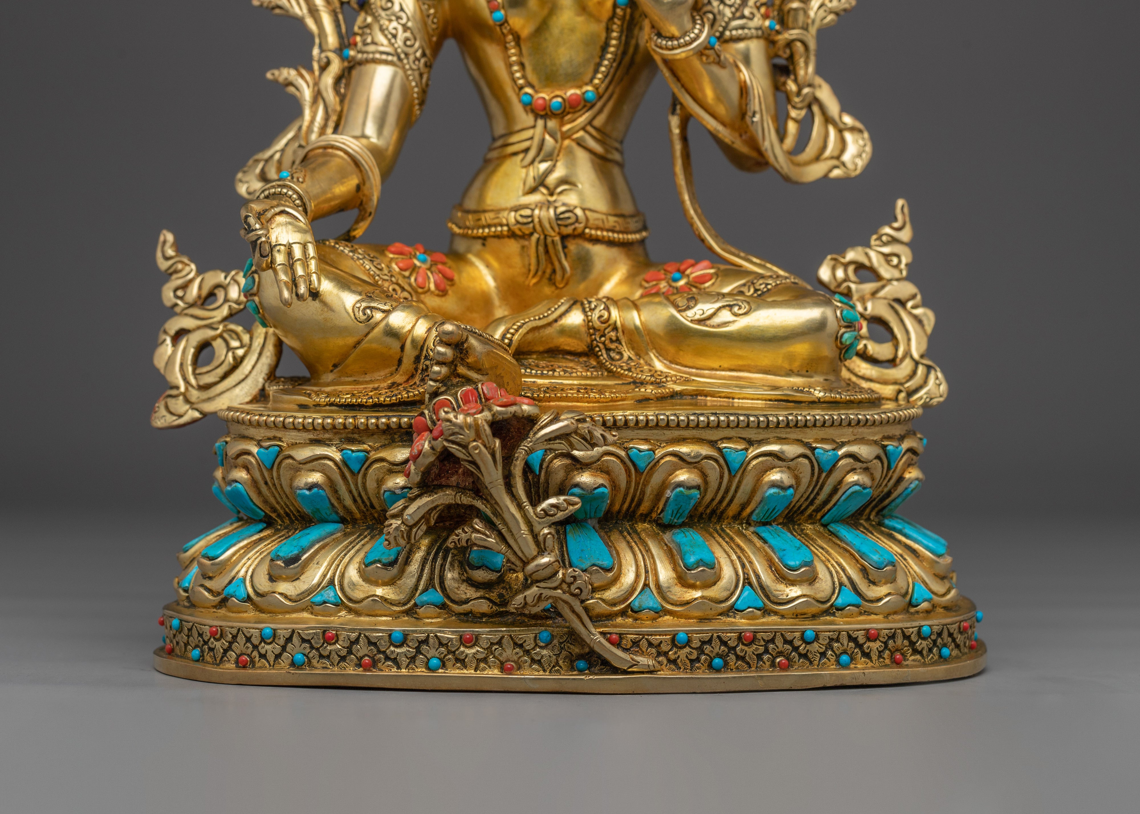 Green Tara Copper Sculpture with Gemstone Inlays | Buddhist Deity for Healing