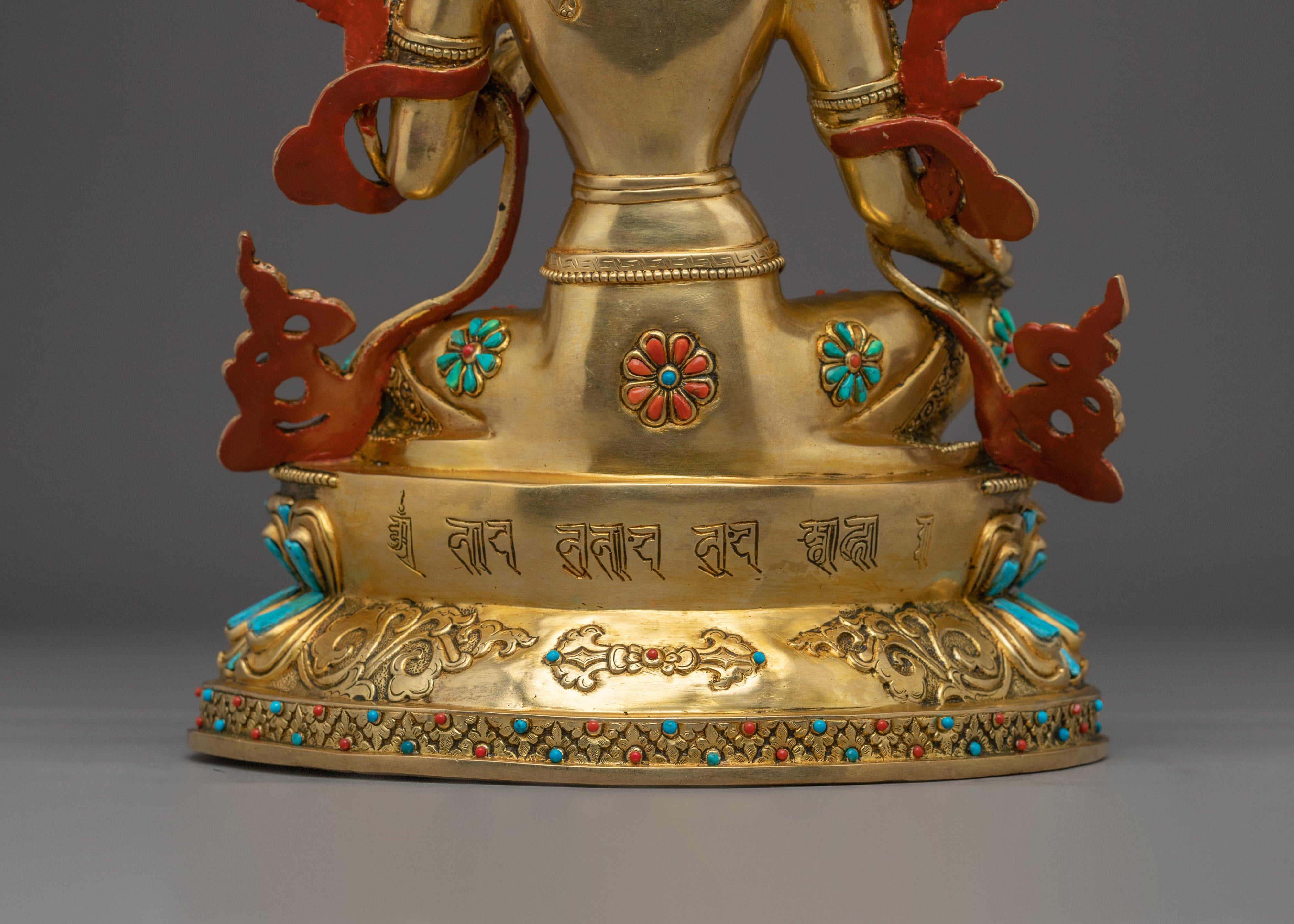 Green Tara Copper Sculpture with Gemstone Inlays | Buddhist Deity for Healing