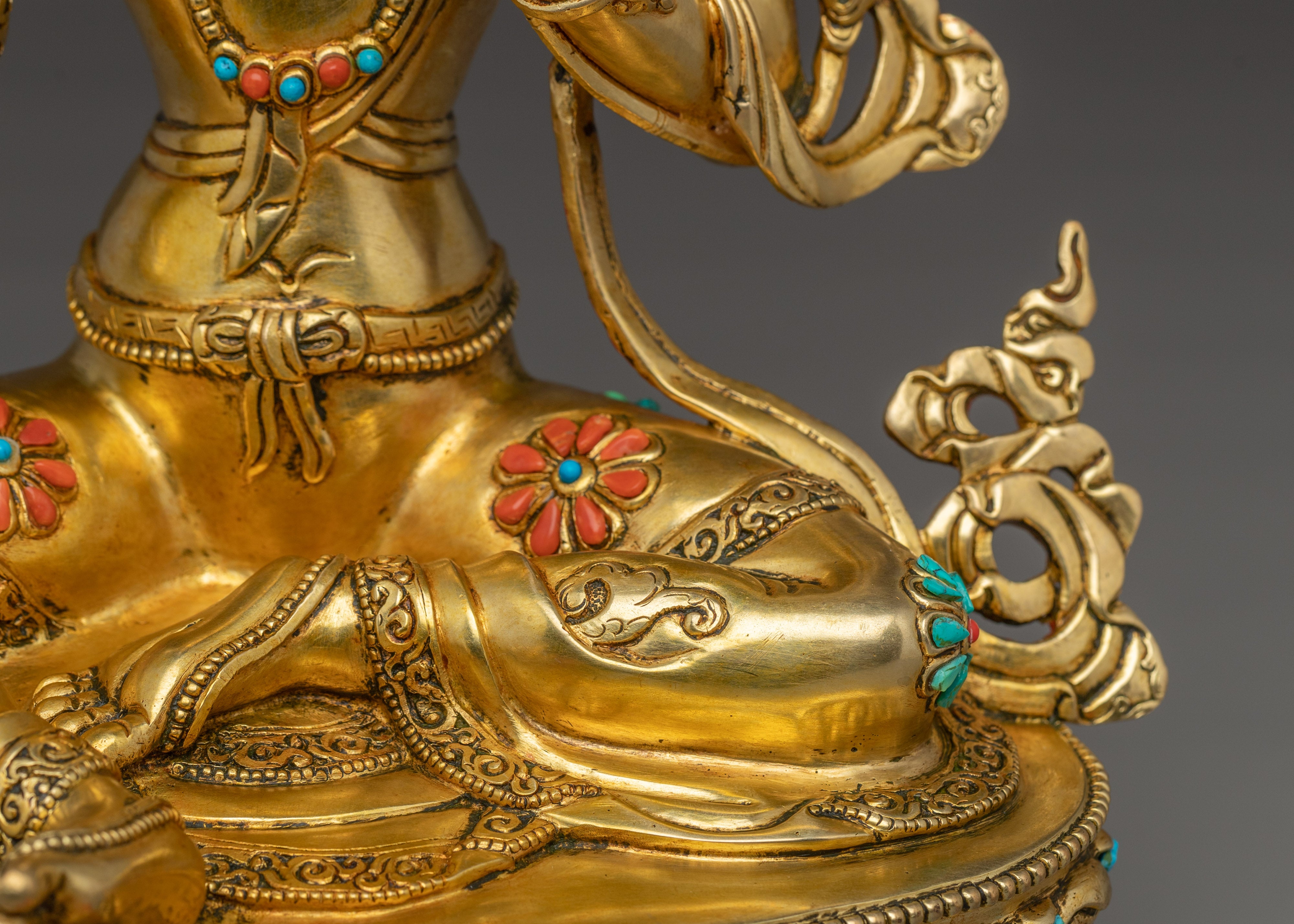 Green Tara Copper Sculpture with Gemstone Inlays | Buddhist Deity for Healing