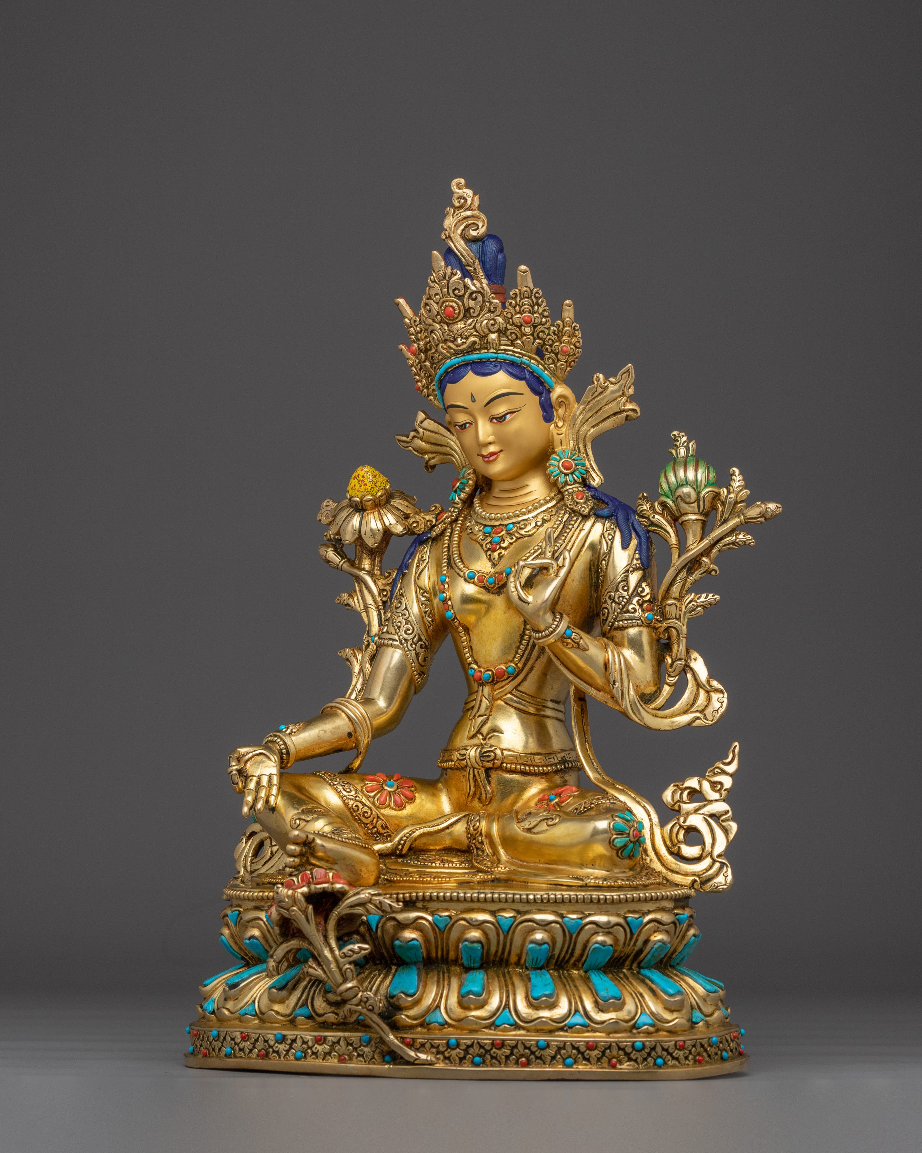Green Tara Copper Sculpture with Gemstone Inlays | Buddhist Deity for Healing