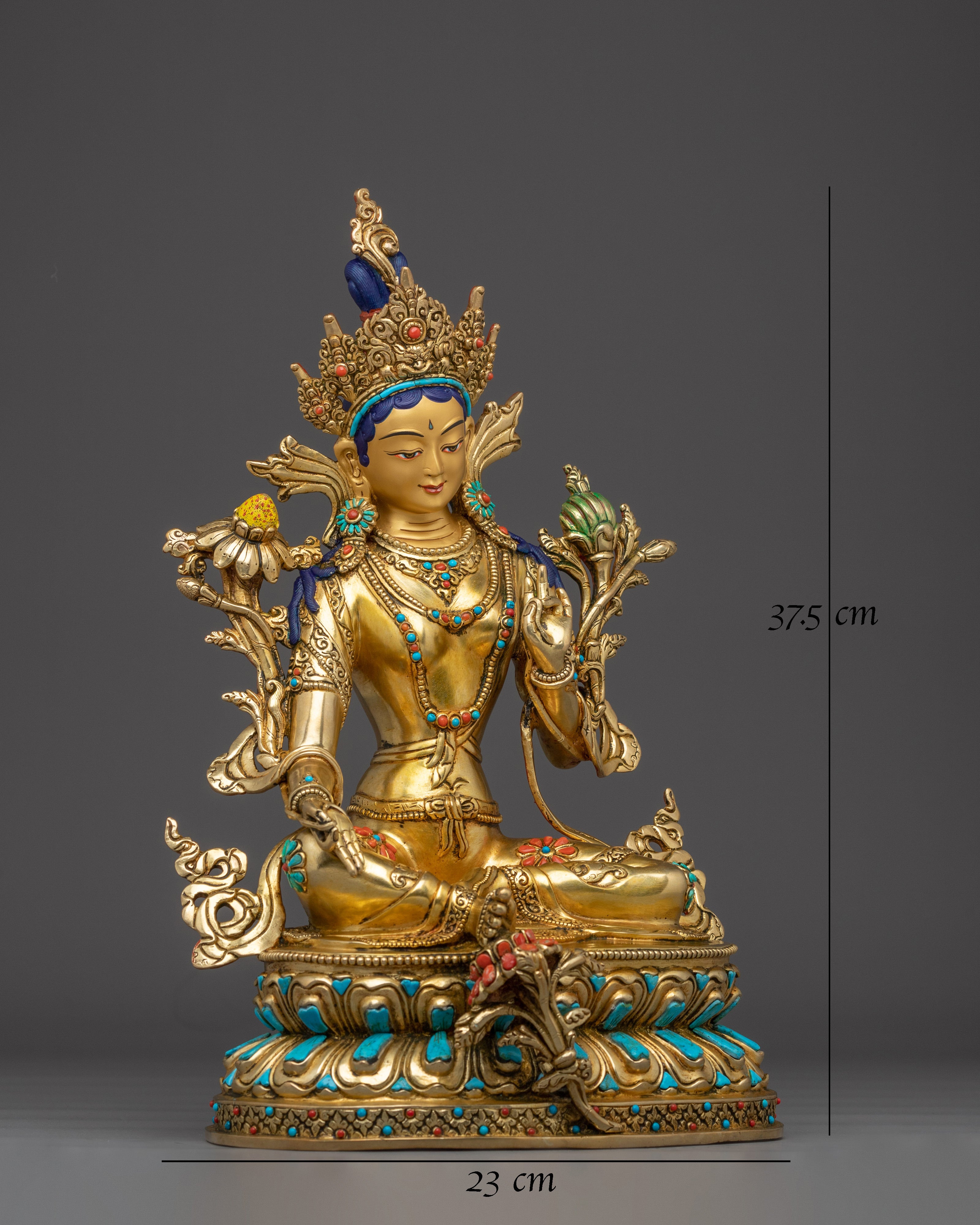 Green Tara Copper Sculpture with Gemstone Inlays