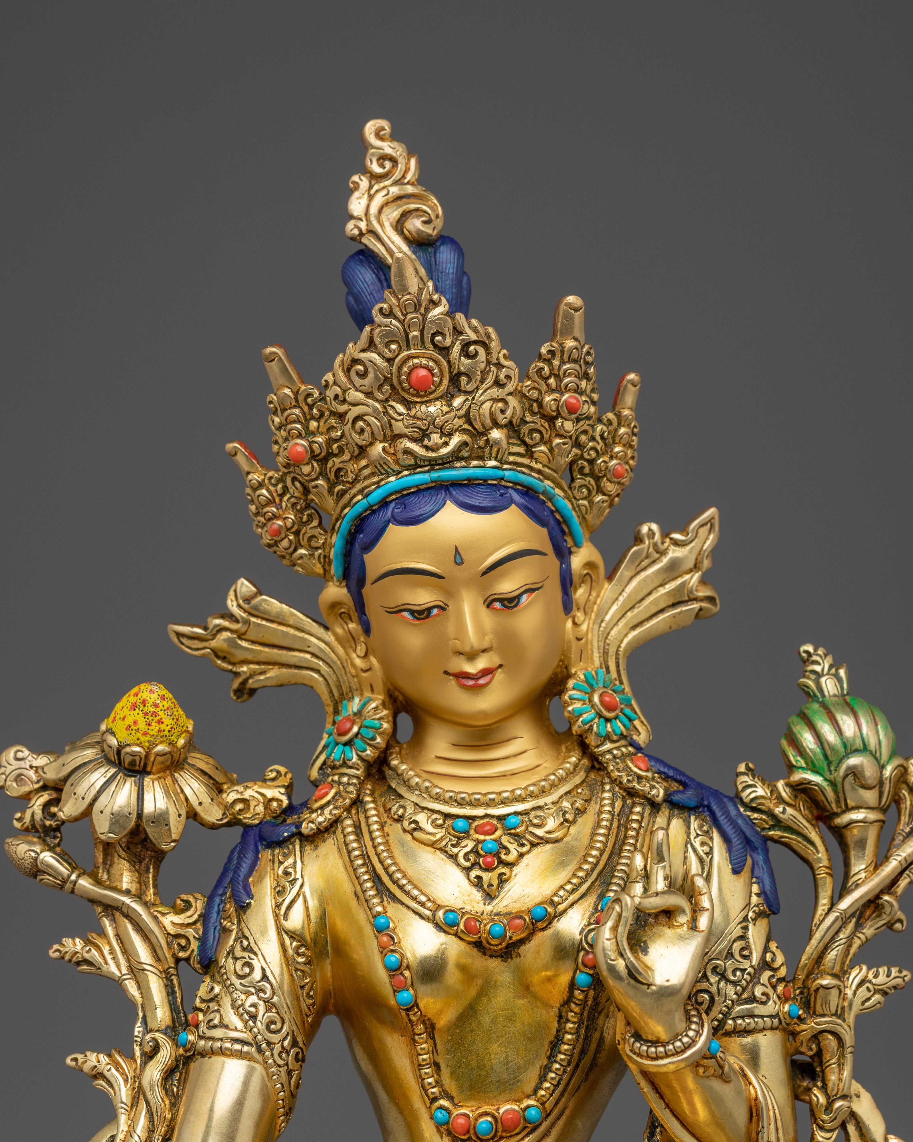 Green Tara Copper Sculpture with Gemstone Inlays | Buddhist Deity for Healing