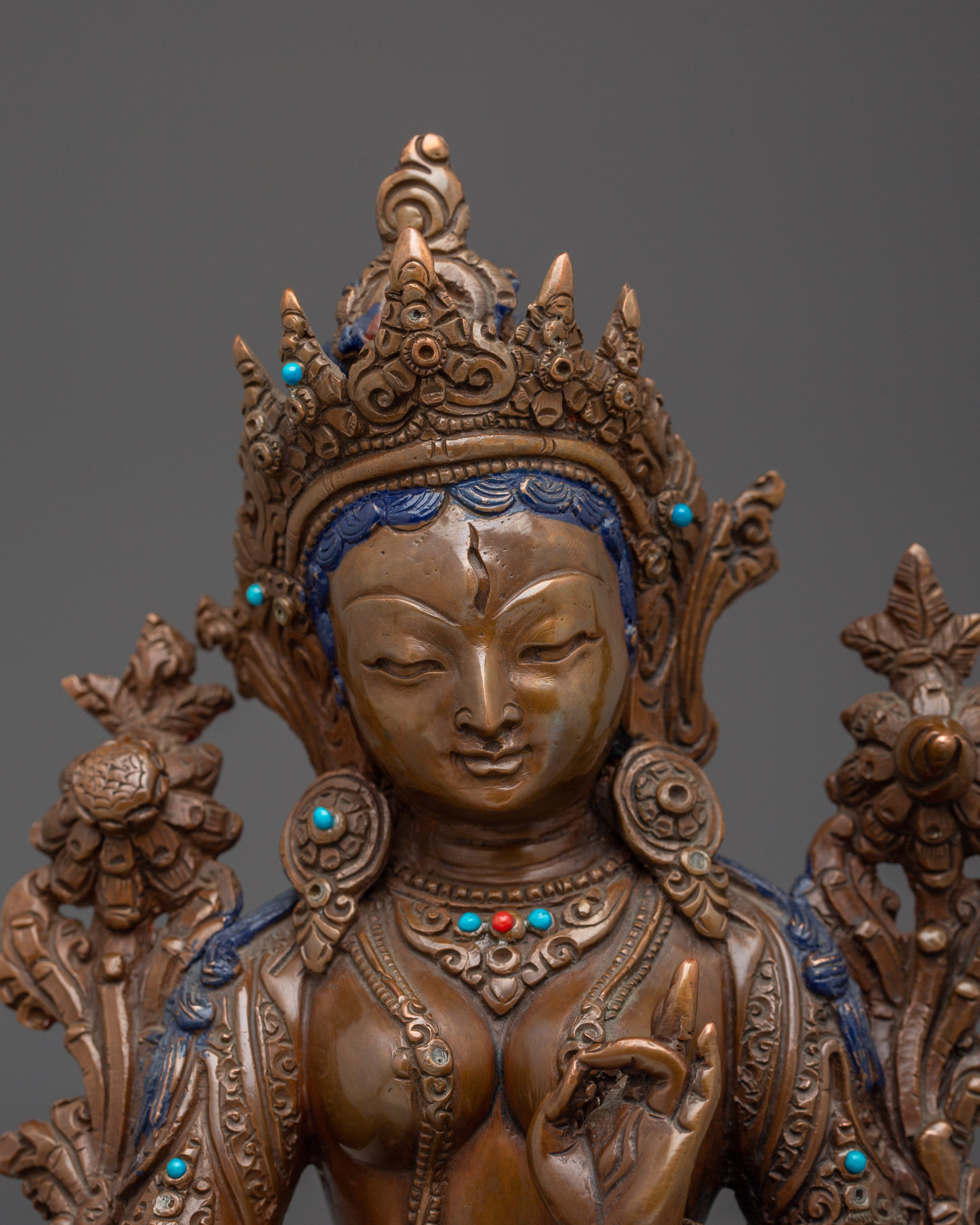 Oxidized Copper Statue of White Tara | Tibetan Healing Deity