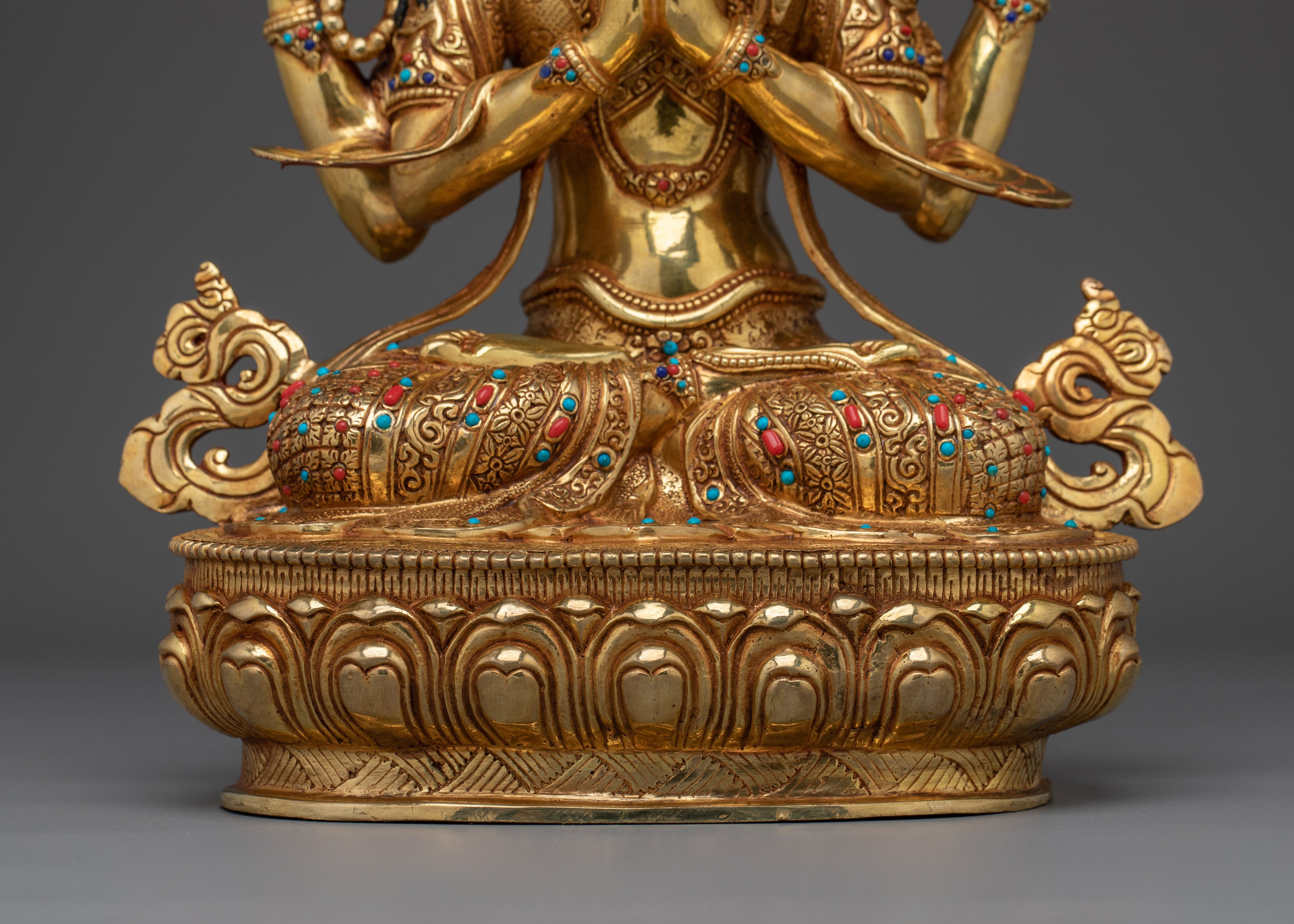 Golden Four Armed Chenrezig Art with Copper Body | Tibetan Buddha of Compassion