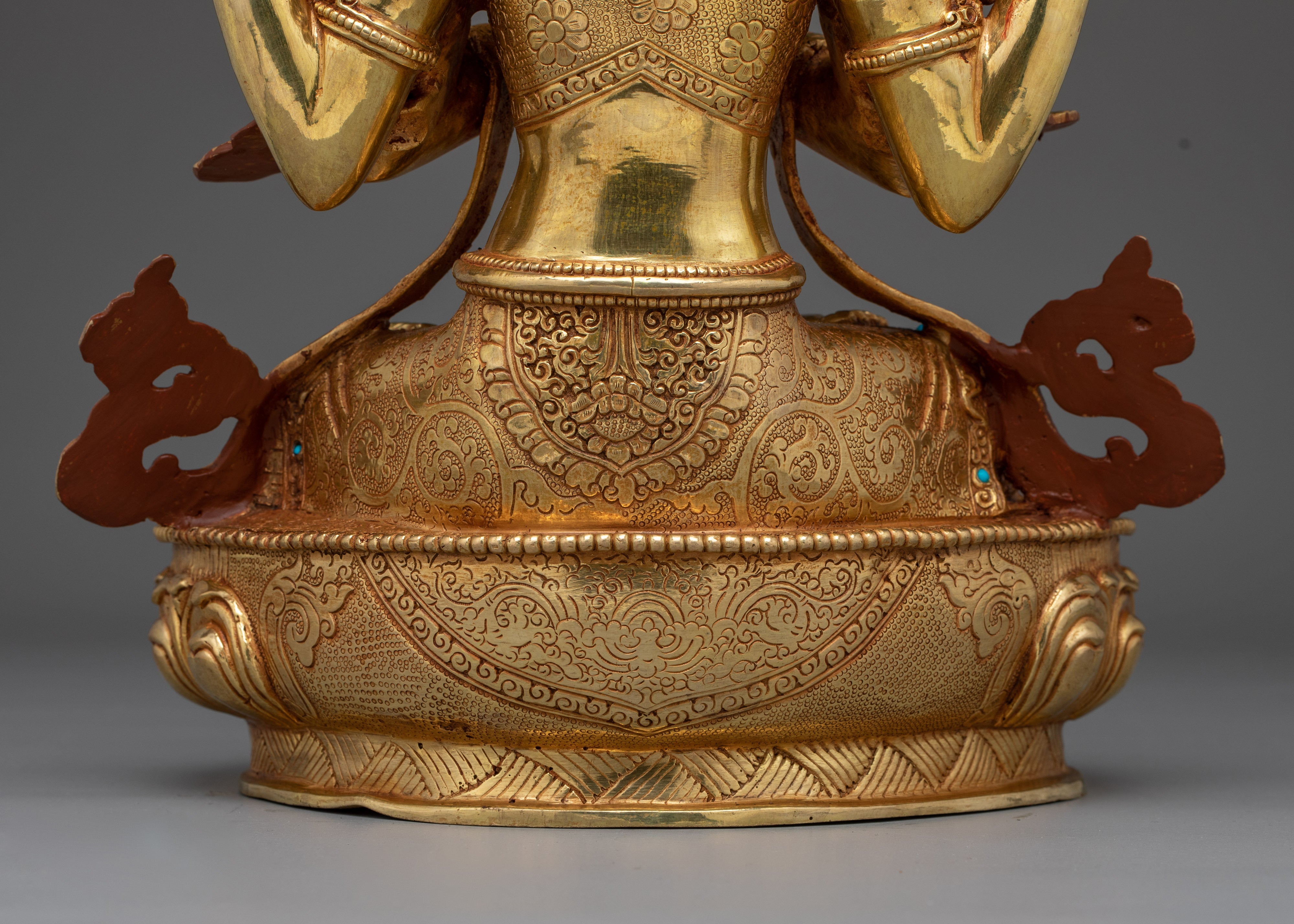 Golden Four Armed Chenrezig Art with Copper Body | Tibetan Buddha of Compassion
