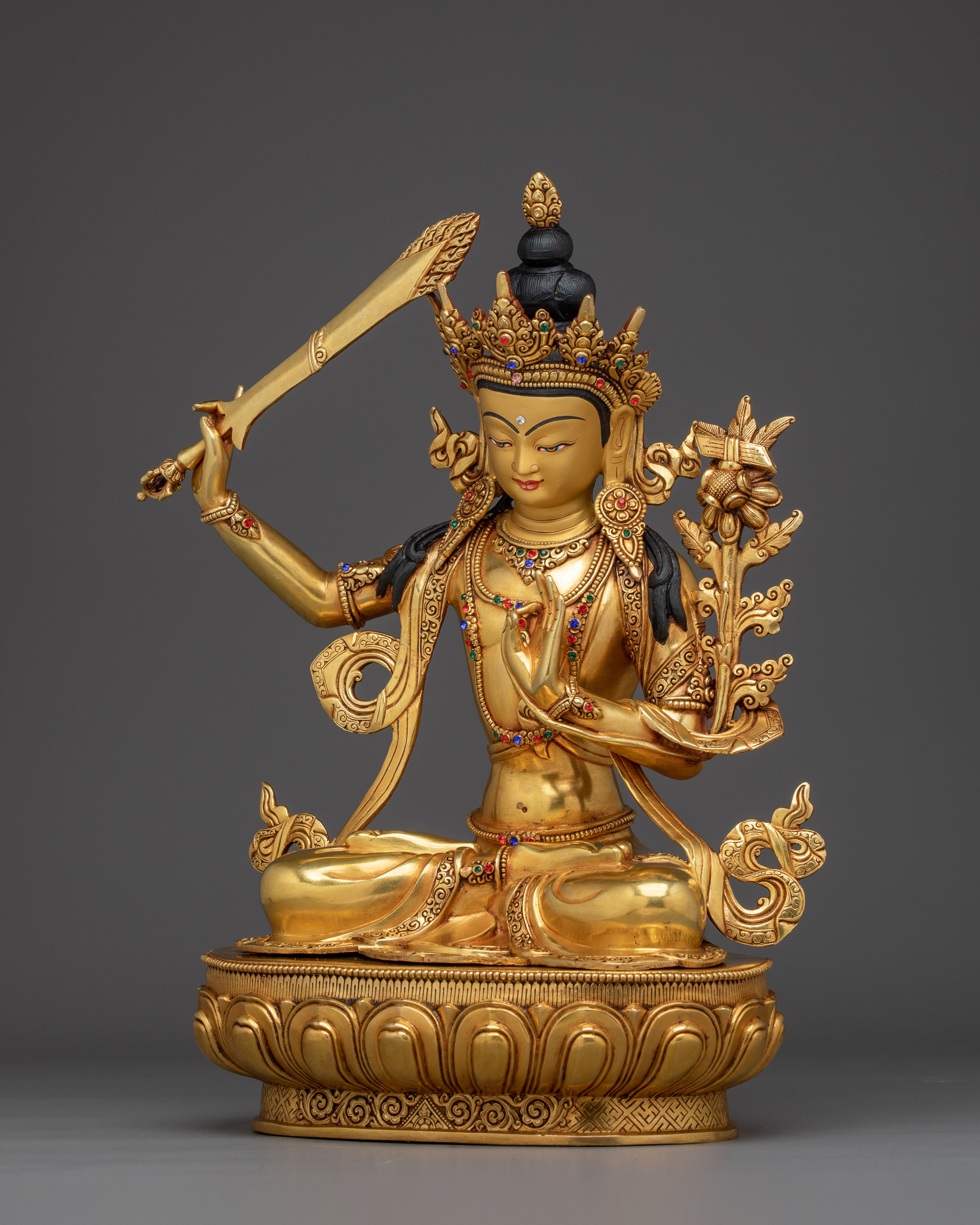 Golden Manjushri with Flaming Sword Statue | Wisdom Bodhisattva Deity