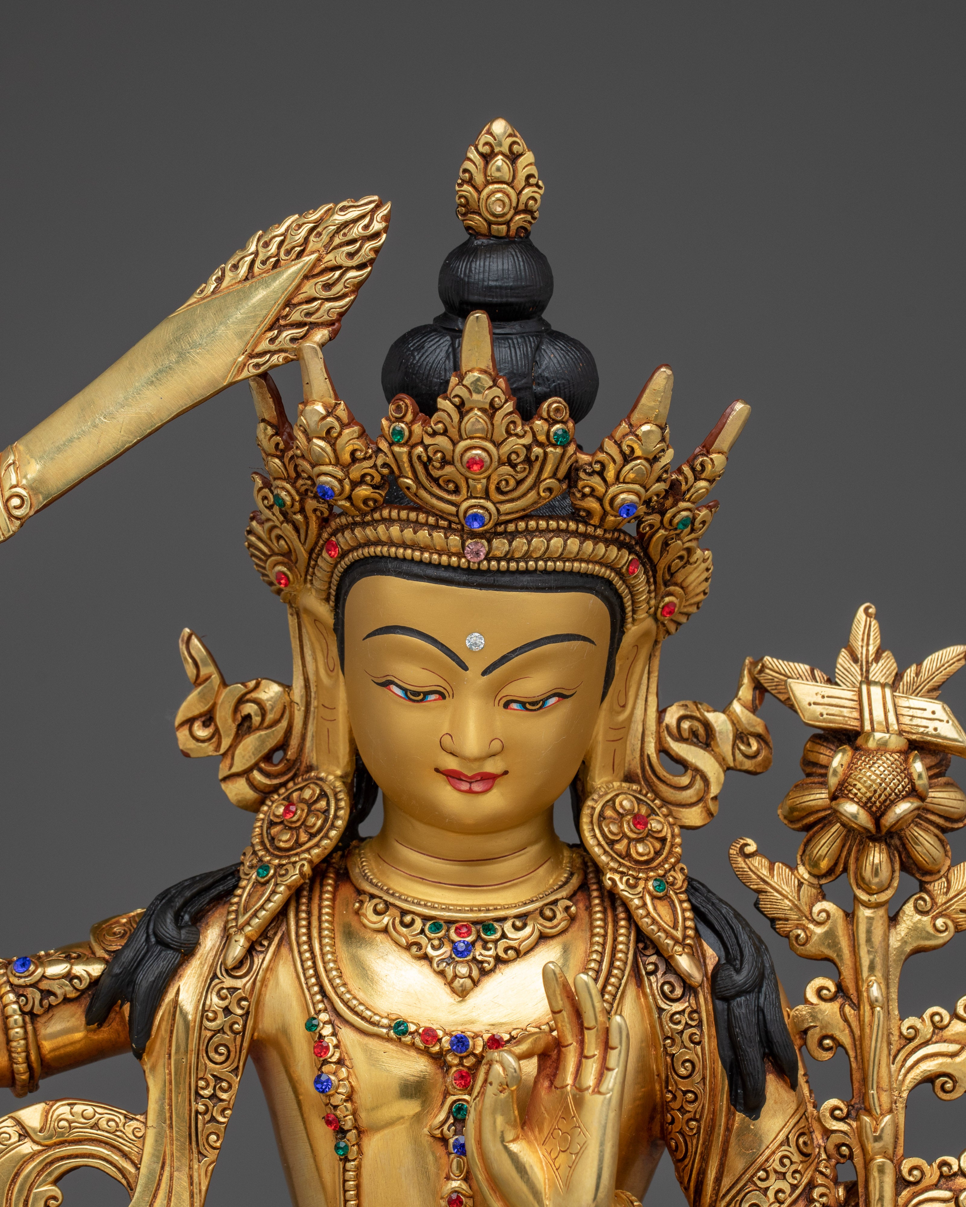 Golden Manjushri with Flaming Sword Statue | Wisdom Bodhisattva Deity