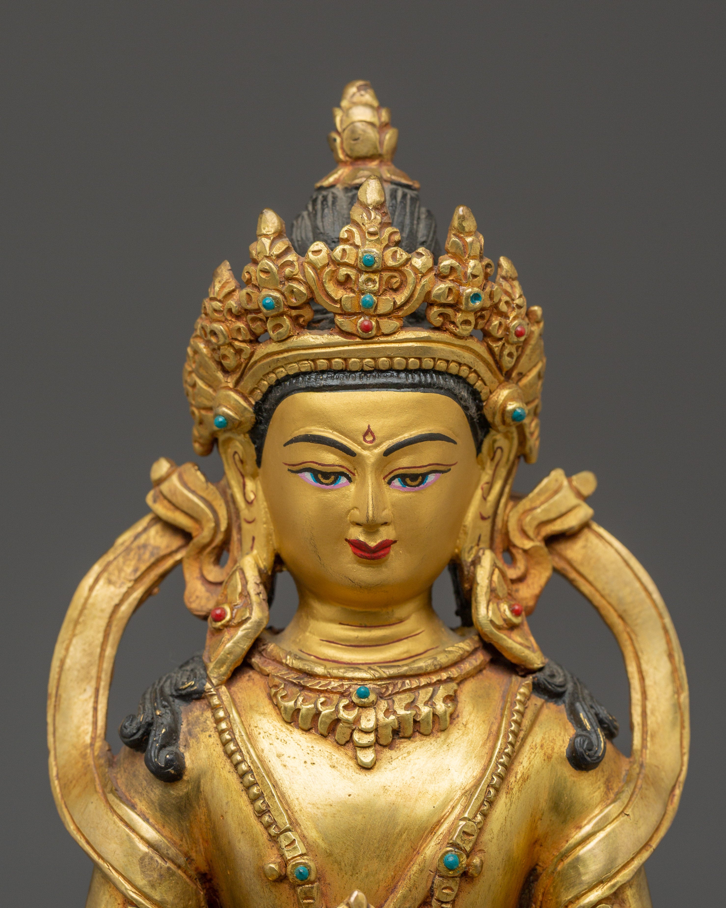 Gold Gilded Amitayus Buddha Copper Statue | Buddhist Altar Figure for Longevity
