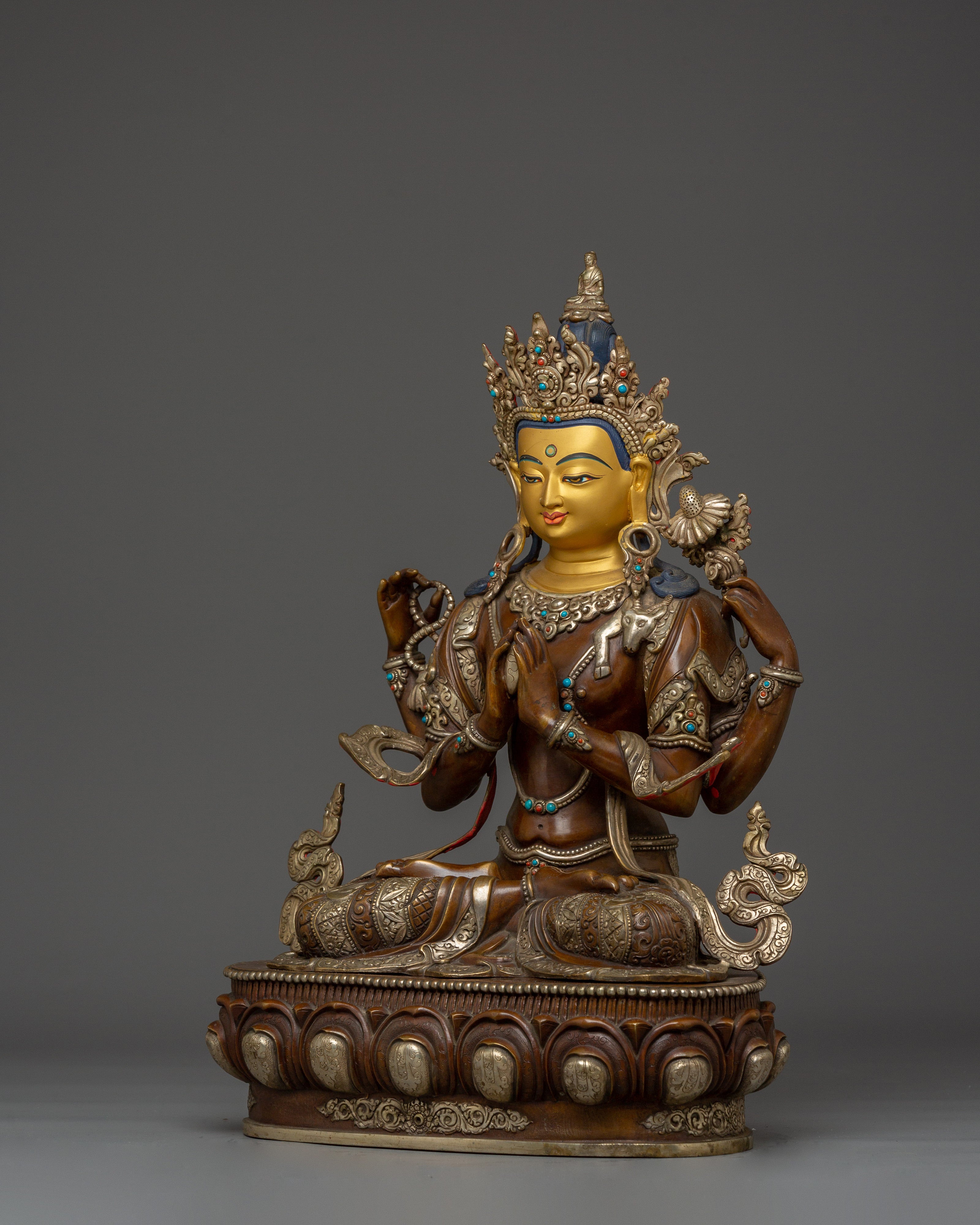 Oxidized Copper Statue of Chenrezig | Buddhist Spiritual Decor