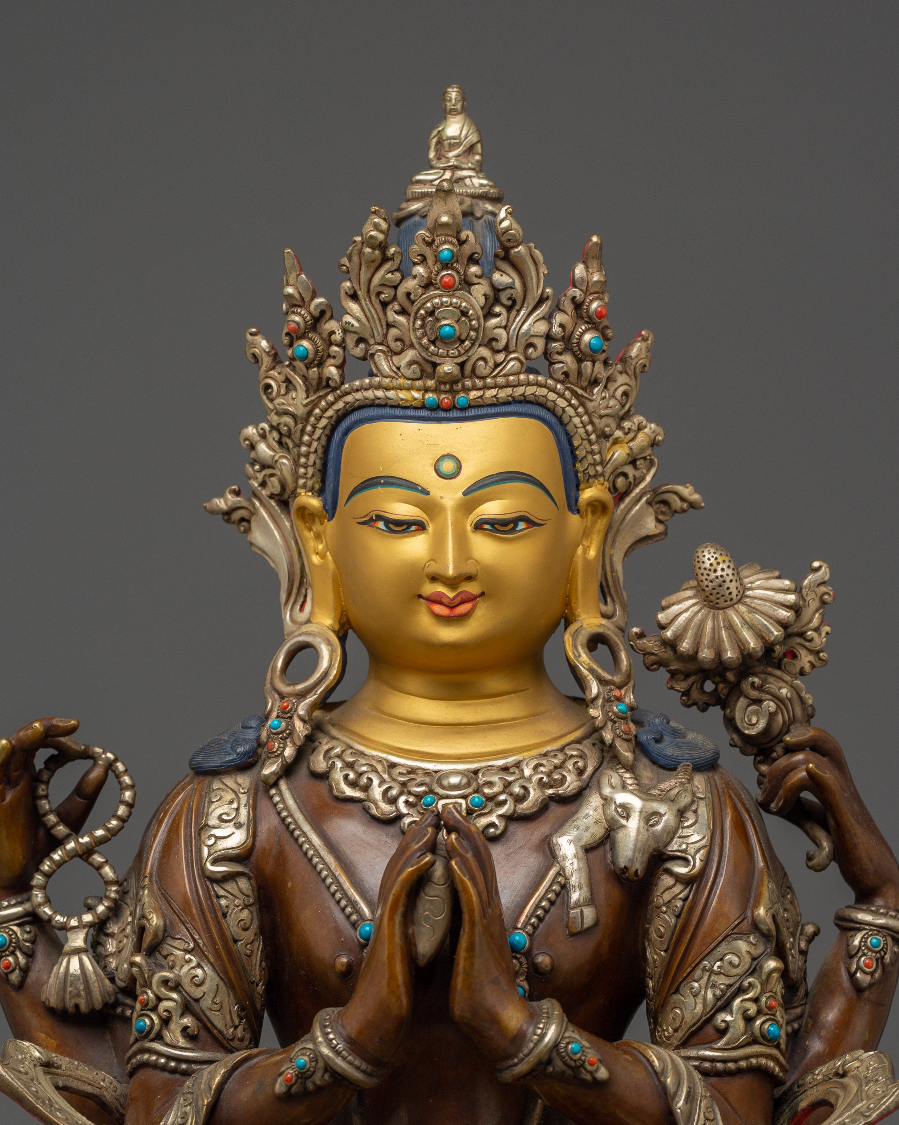 Oxidized Copper Statue of Chenrezig | Buddhist Spiritual Decor