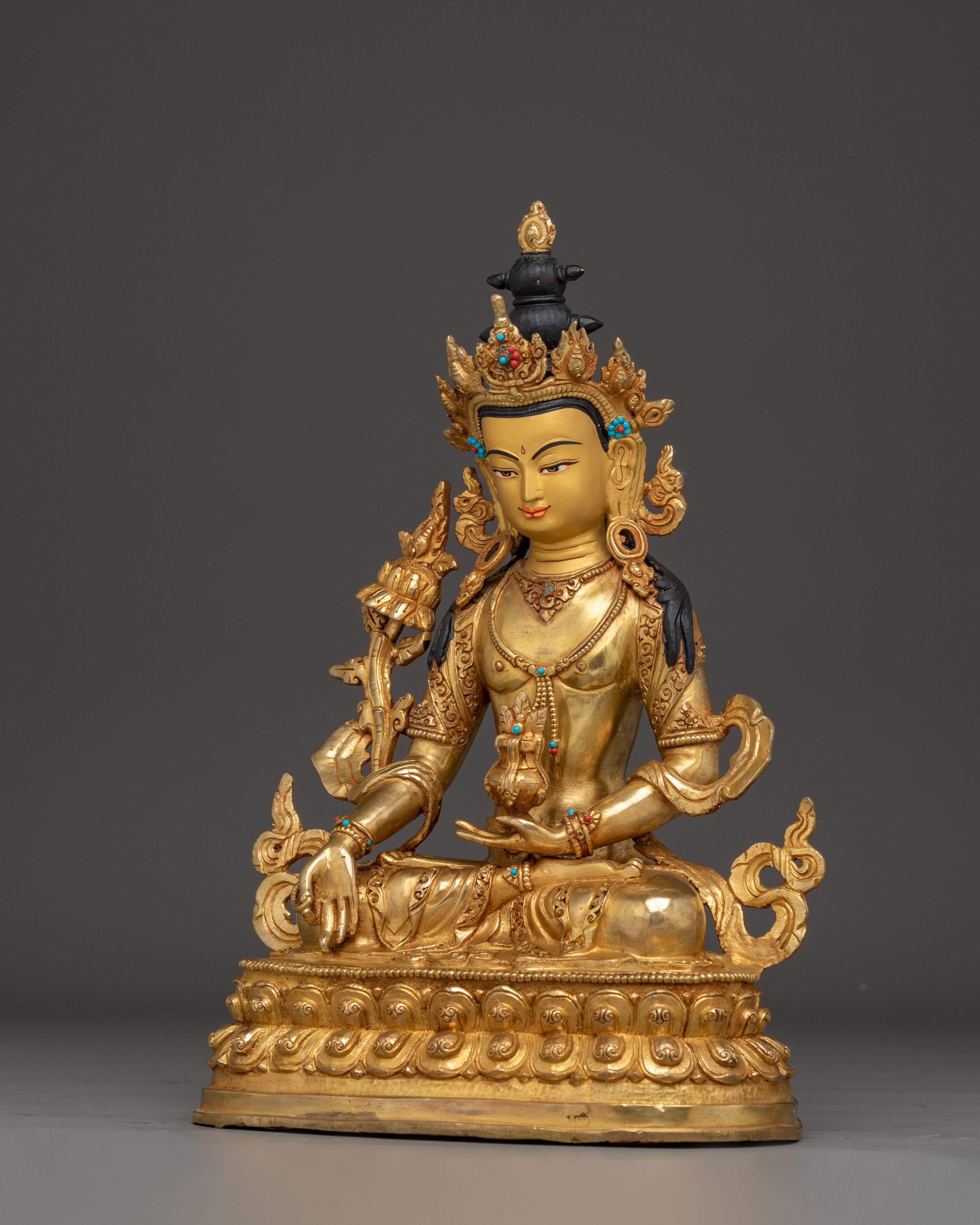 Amitayus Statue in Copper with Gemstones | Buddhist Deity of Long Life