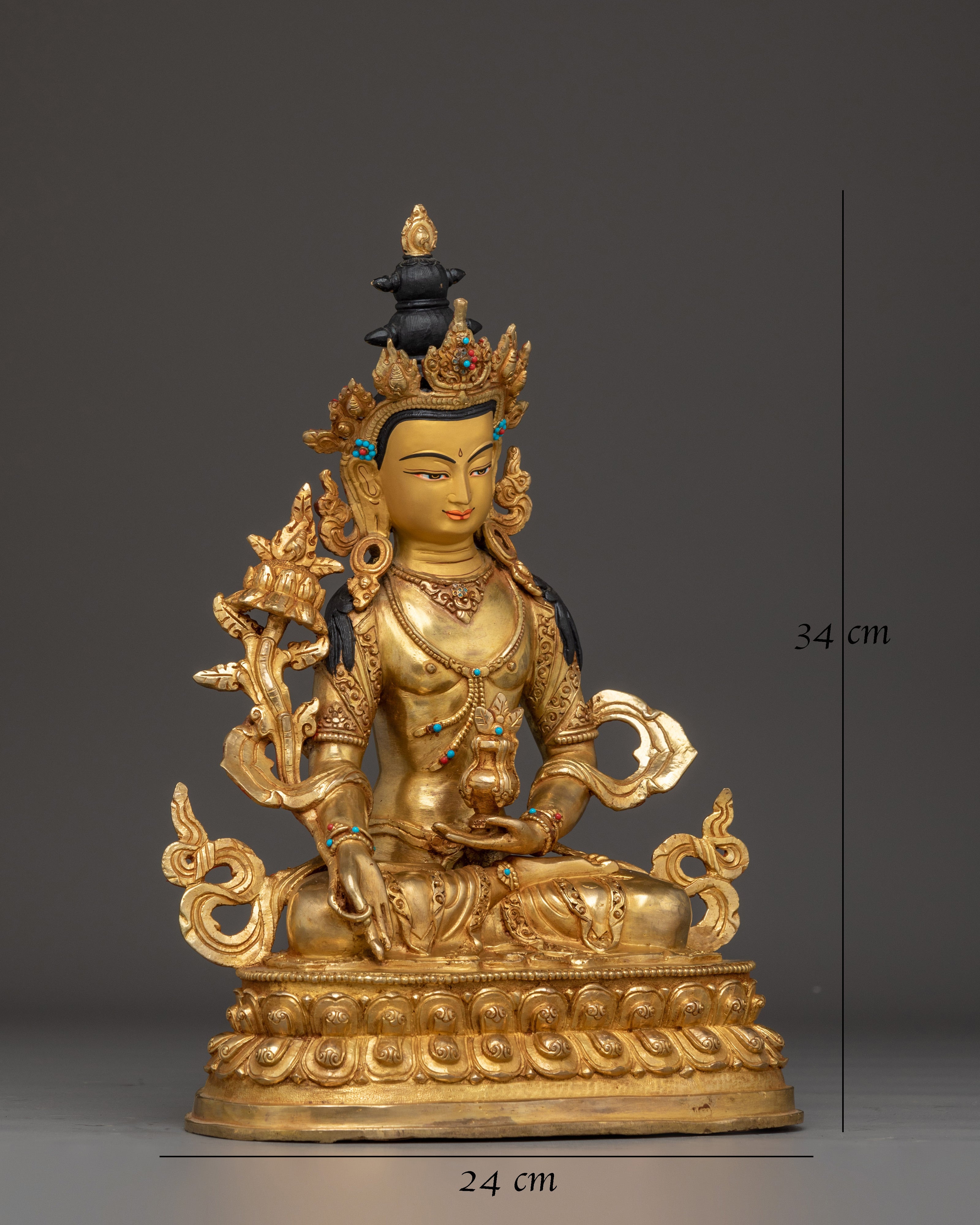 Amitayus Statue in Copper with Gemstones