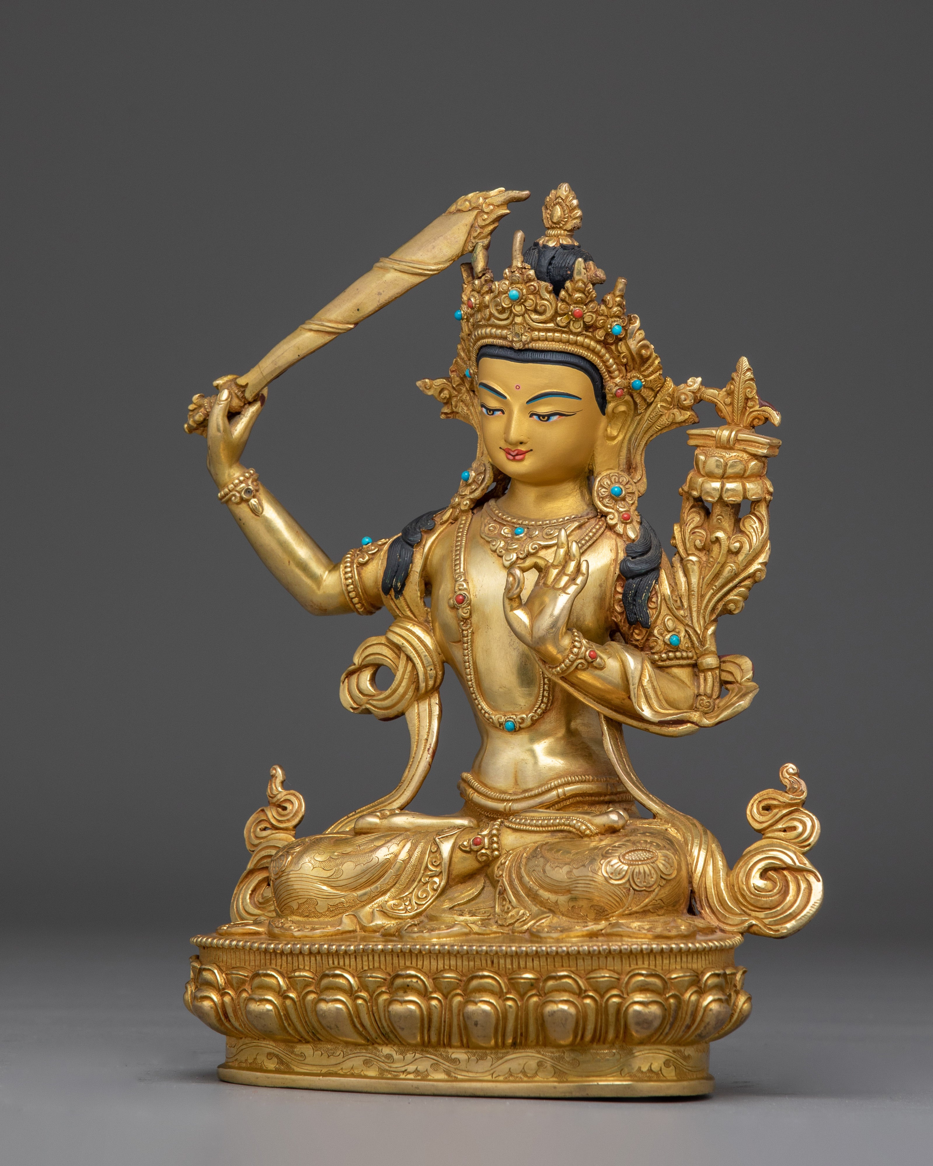Gold Gilded Copper Manjushri Statue | Buddhist Deity for Wisdom