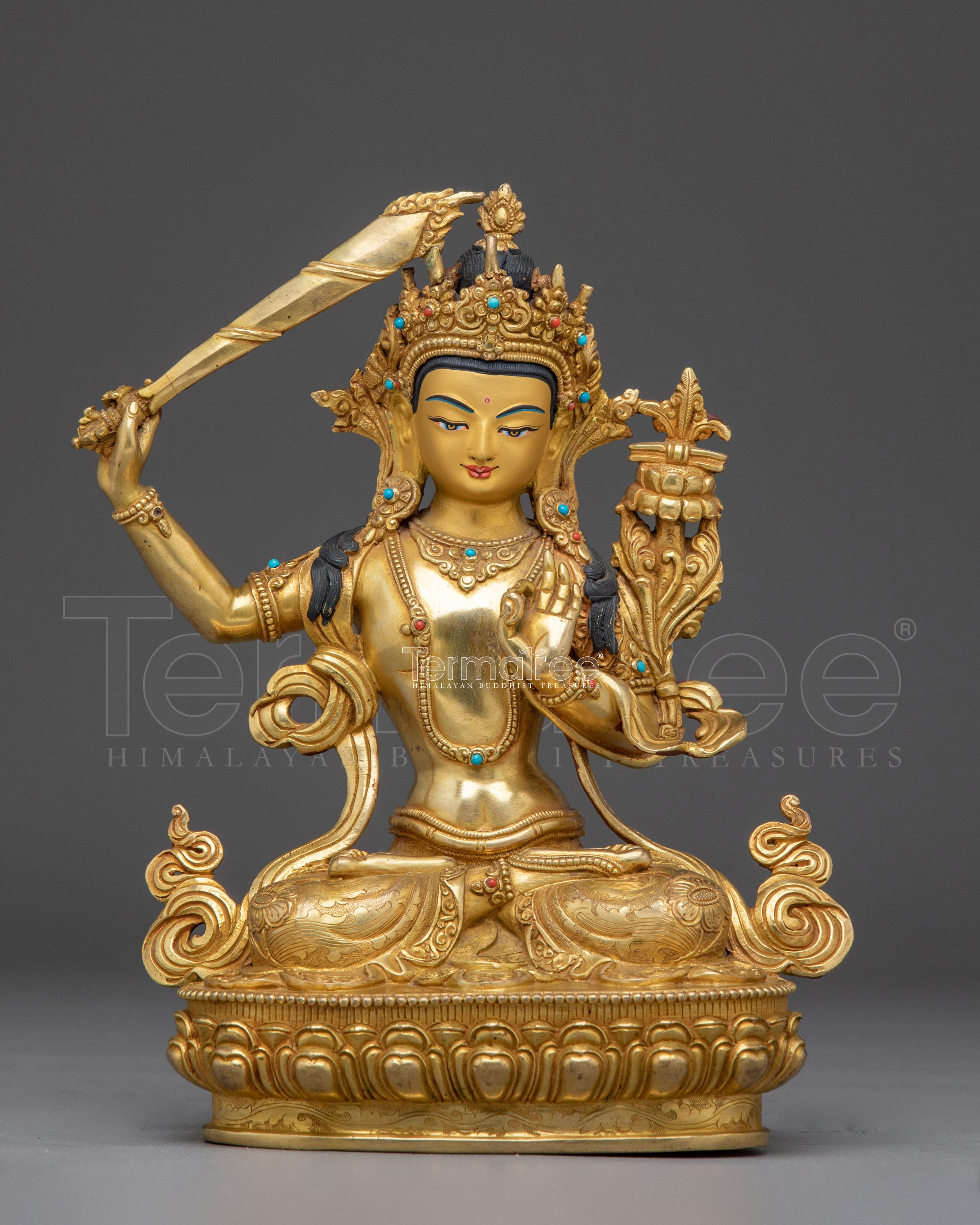 Gold Gilded Copper Manjushri Statue | Buddhist Deity for Wisdom