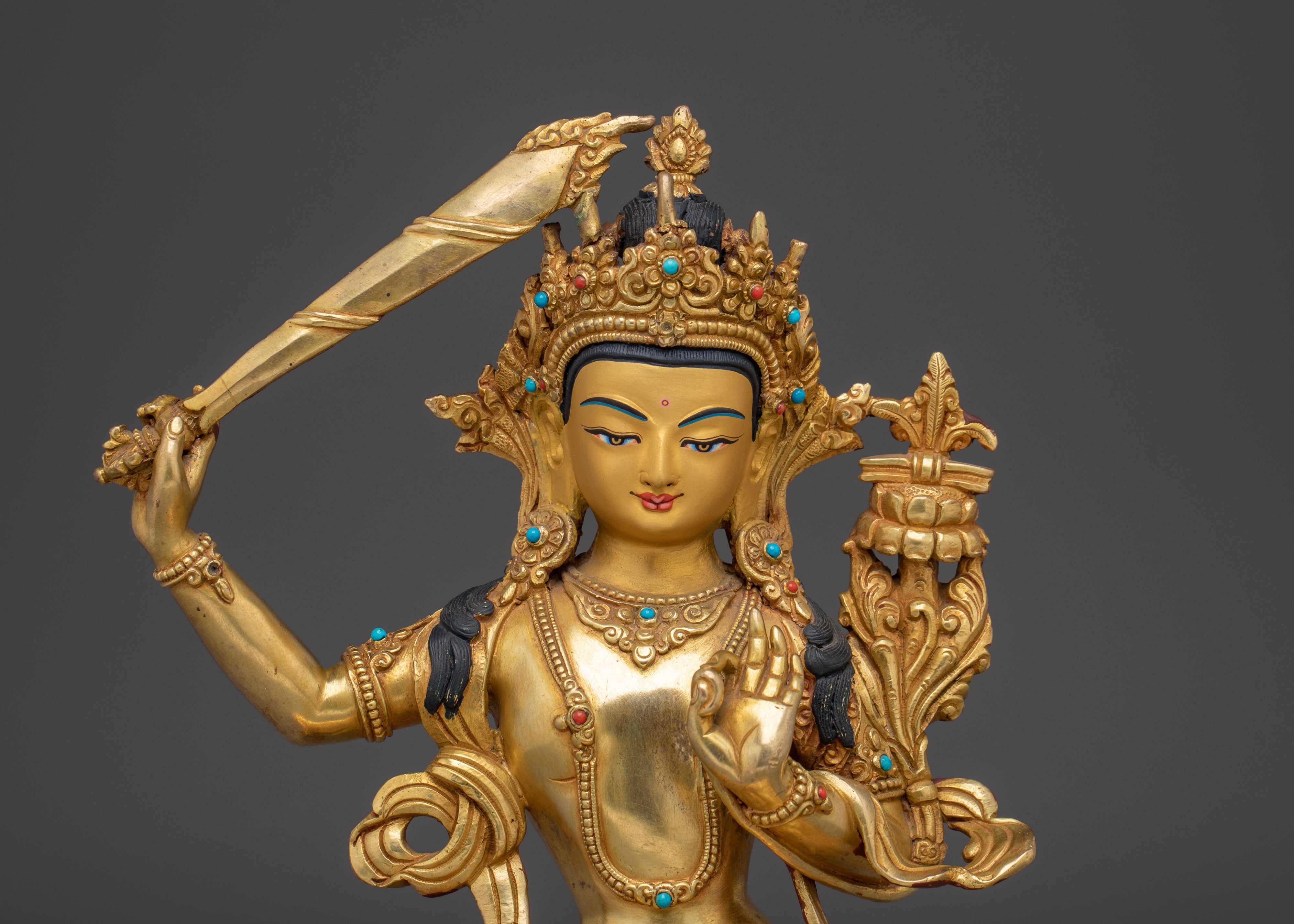 Gold Gilded Copper Manjushri Statue | Buddhist Deity for Wisdom