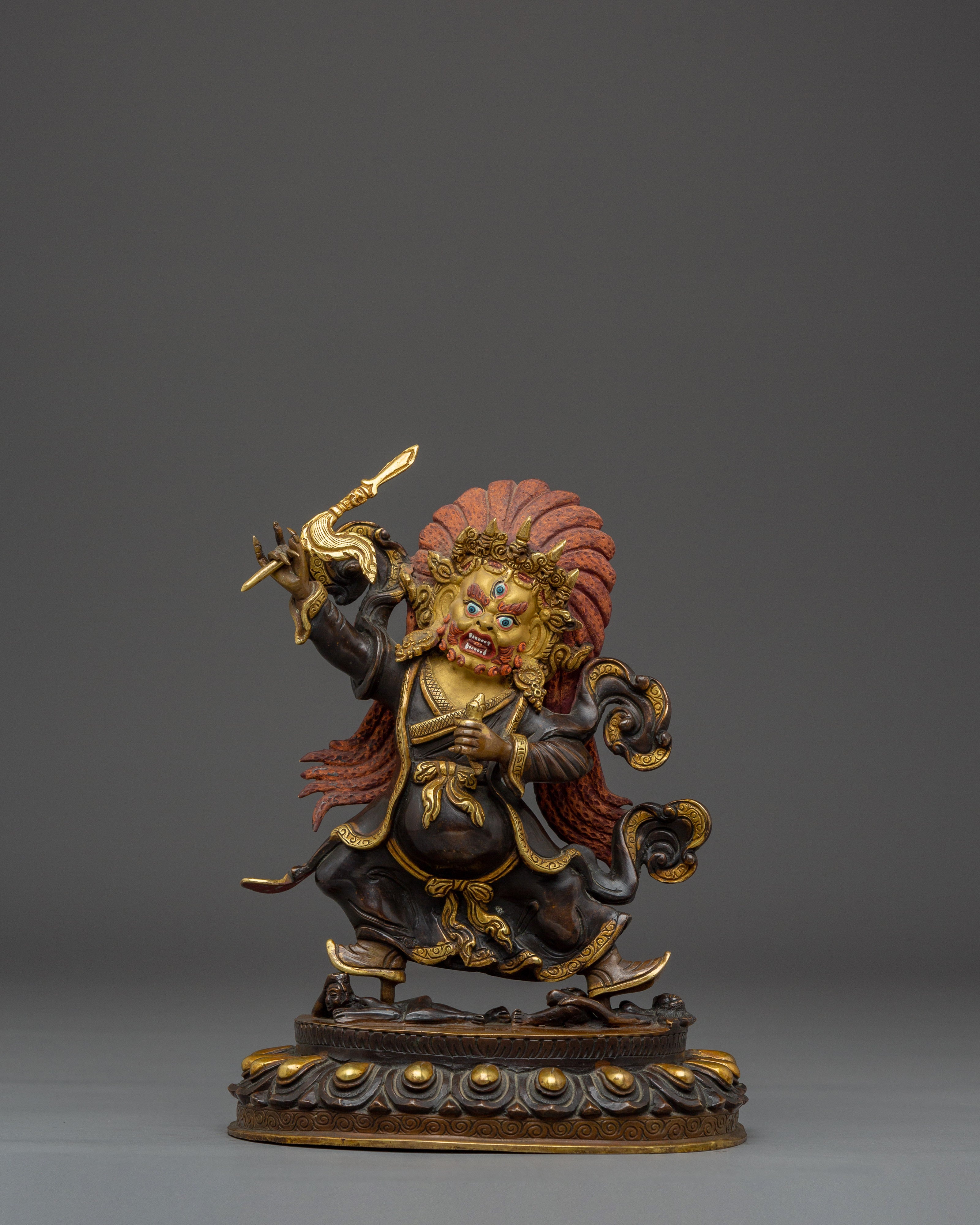 24K Gold Gilded Mahakala Statue | Copper Buddhist Protector Deity Sculpture