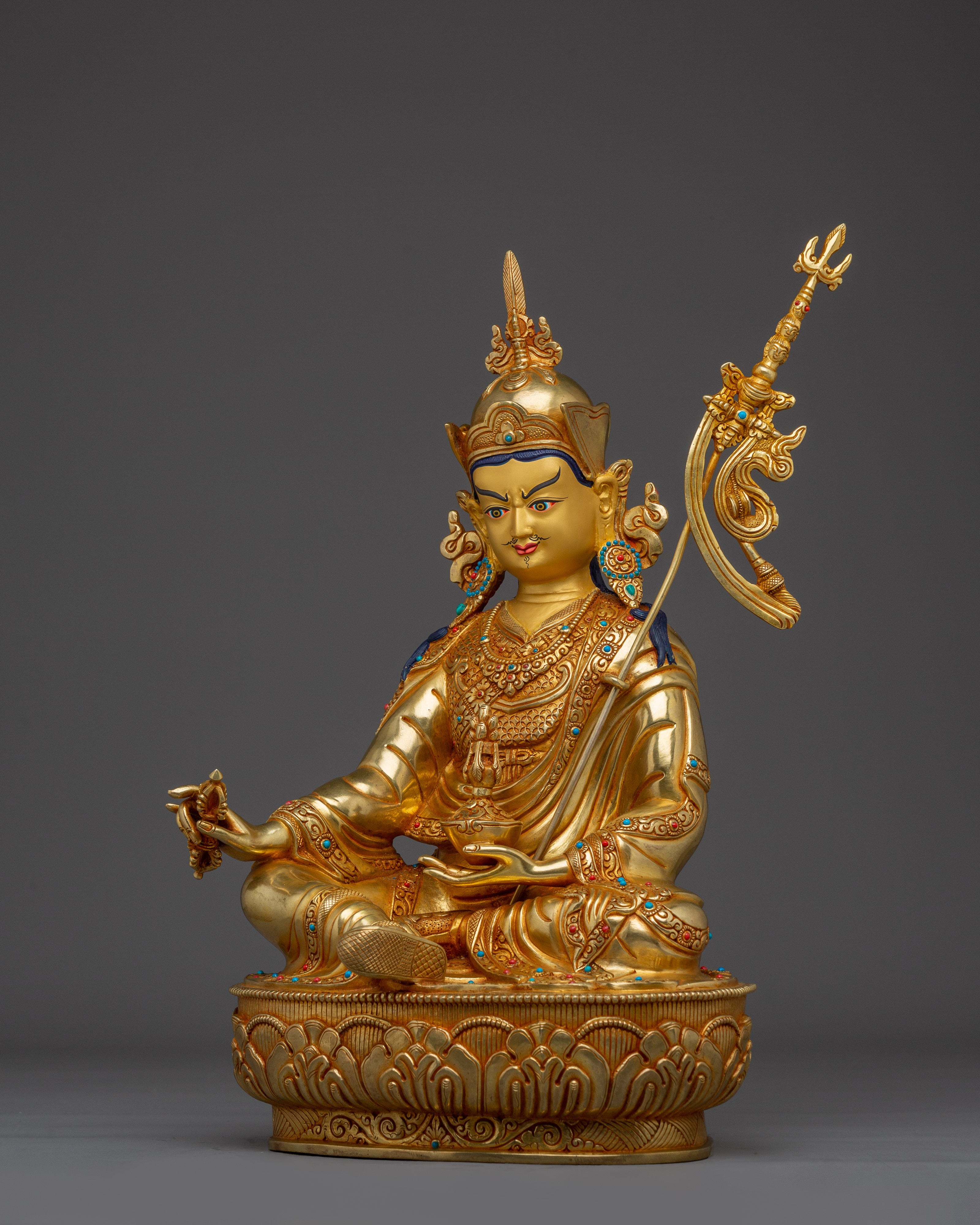 Guru Rinpoche Statue 24K Gold Gilded | Gemstone Inlaid Copper Sculpture