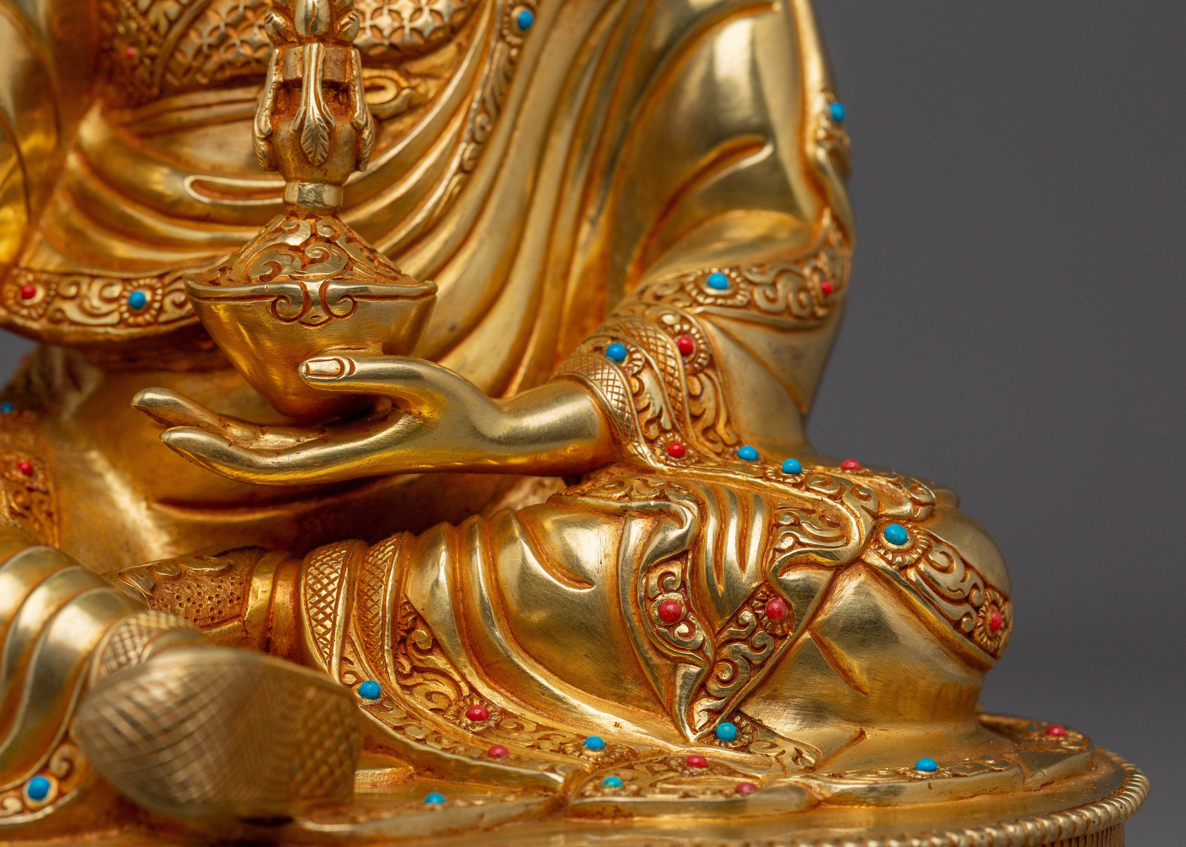 Guru Rinpoche Statue 24K Gold Gilded | Gemstone Inlaid Copper Sculpture