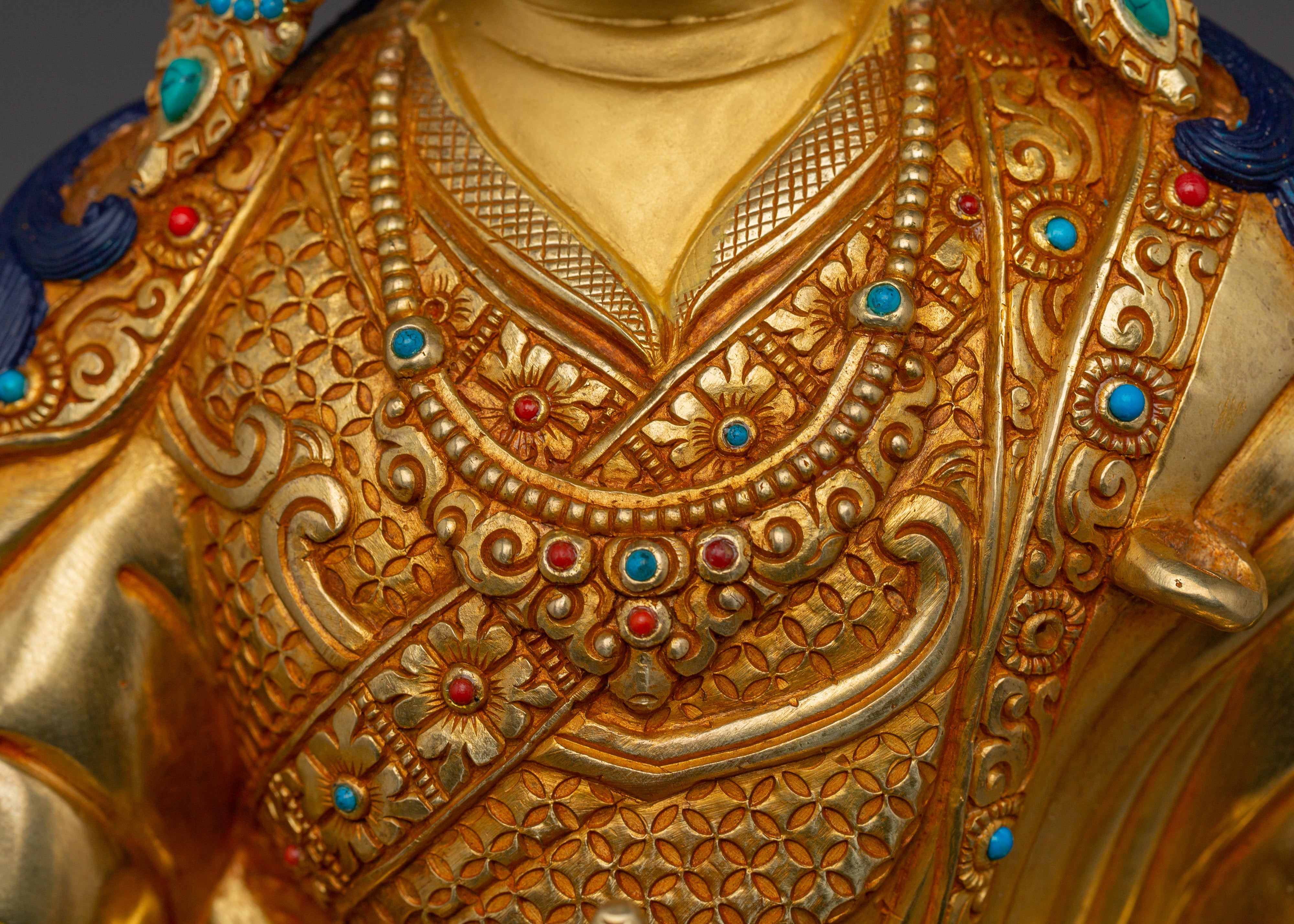 Guru Rinpoche Statue 24K Gold Gilded | Gemstone Inlaid Copper Sculpture