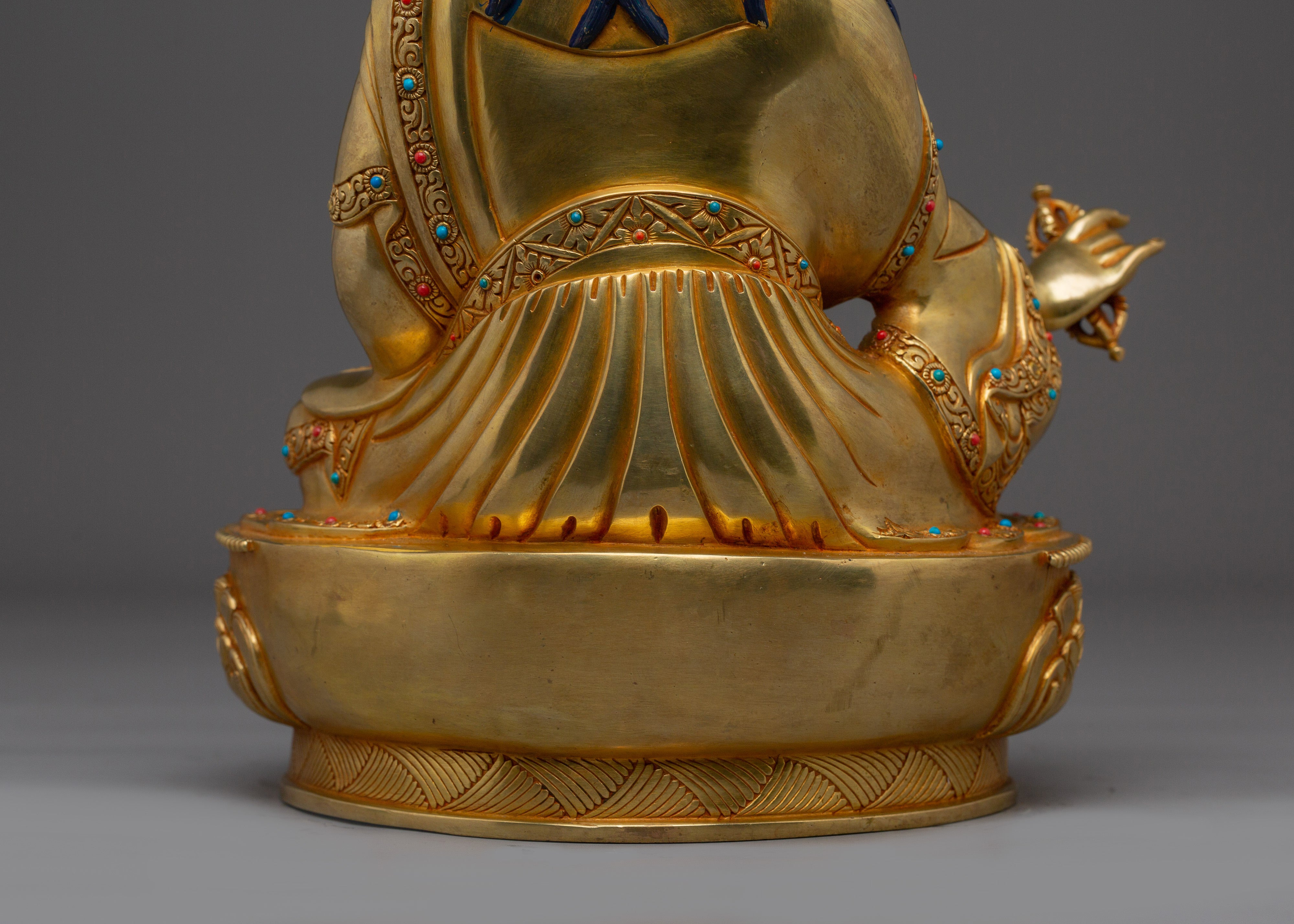 Guru Rinpoche Statue 24K Gold Gilded | Gemstone Inlaid Copper Sculpture