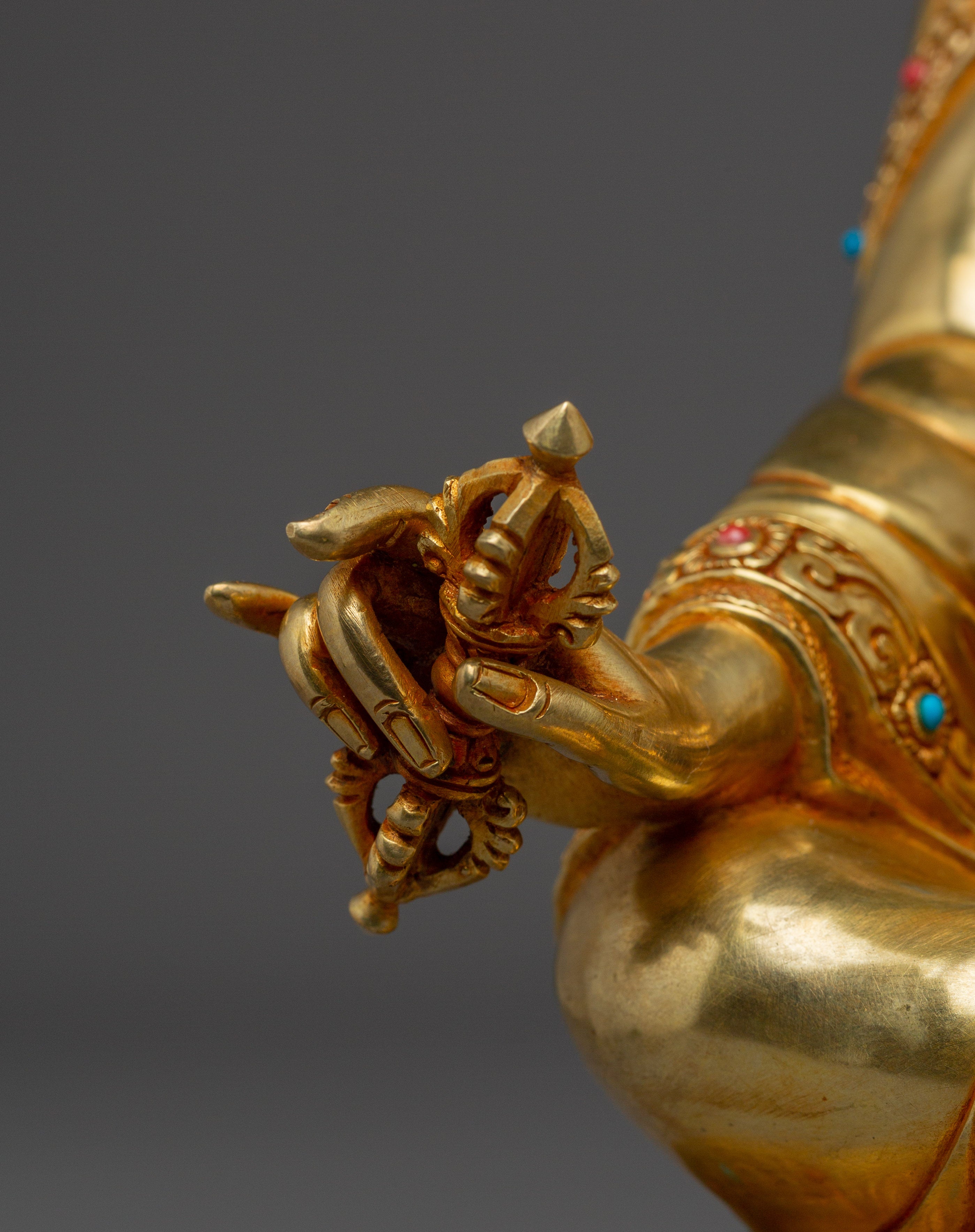 Guru Rinpoche Statue 24K Gold Gilded | Gemstone Inlaid Copper Sculpture