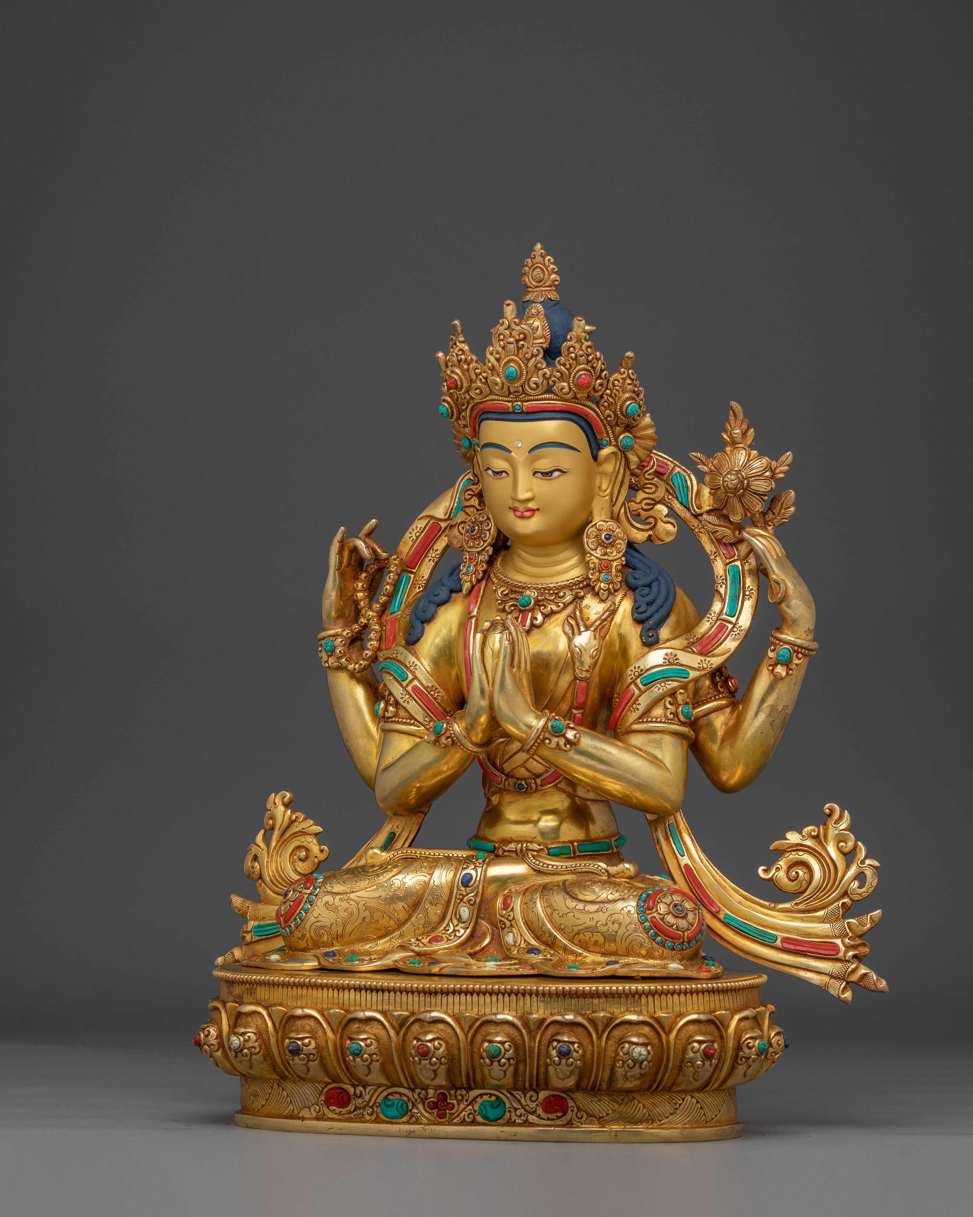 Chenrezig Statue with Gemstones | 24K Gold Gilded Avalokiteshvara Sculpture