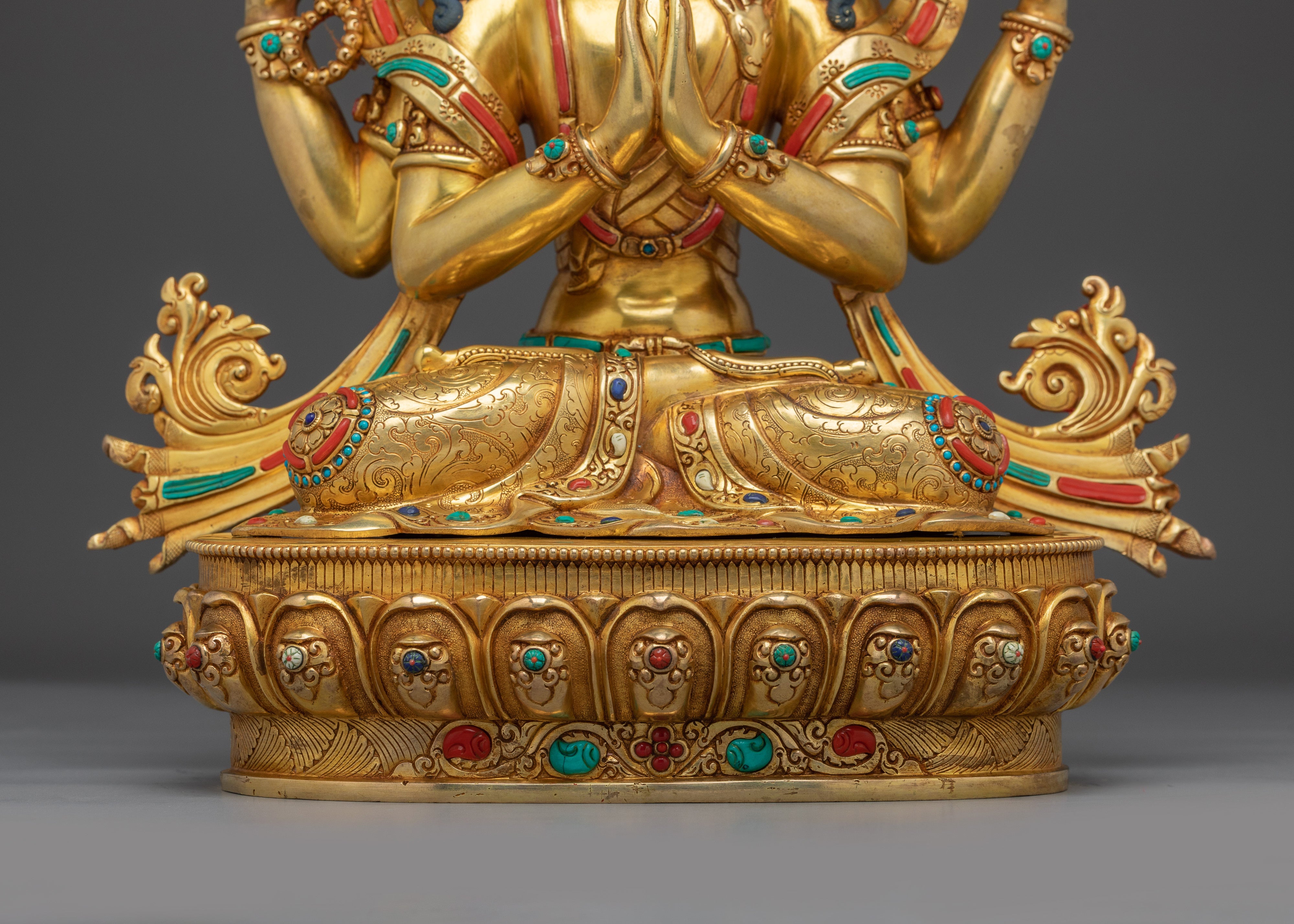Chenrezig Statue with Gemstones | 24K Gold Gilded Avalokiteshvara Sculpture