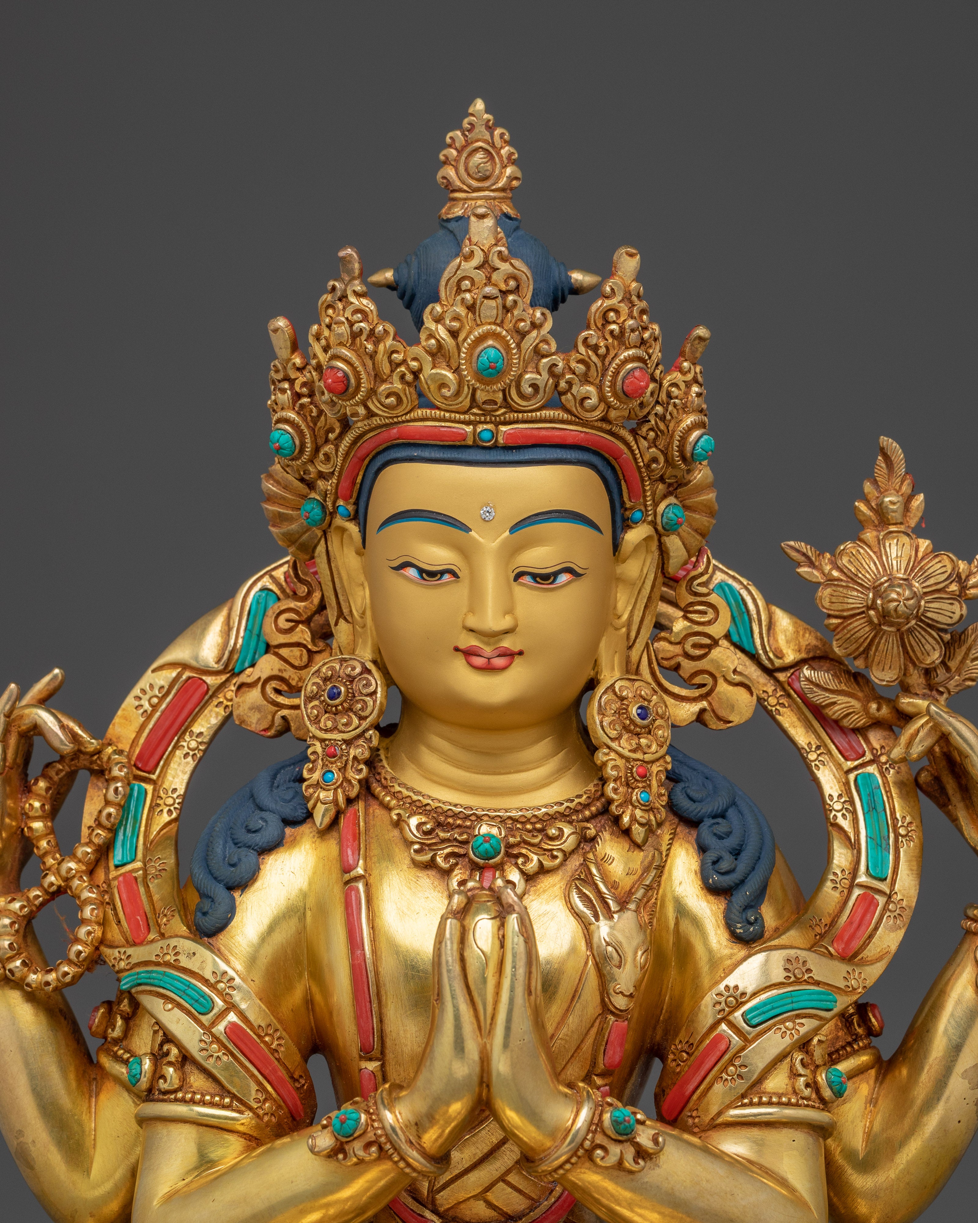 Chenrezig Statue with Gemstones | 24K Gold Gilded Avalokiteshvara Sculpture
