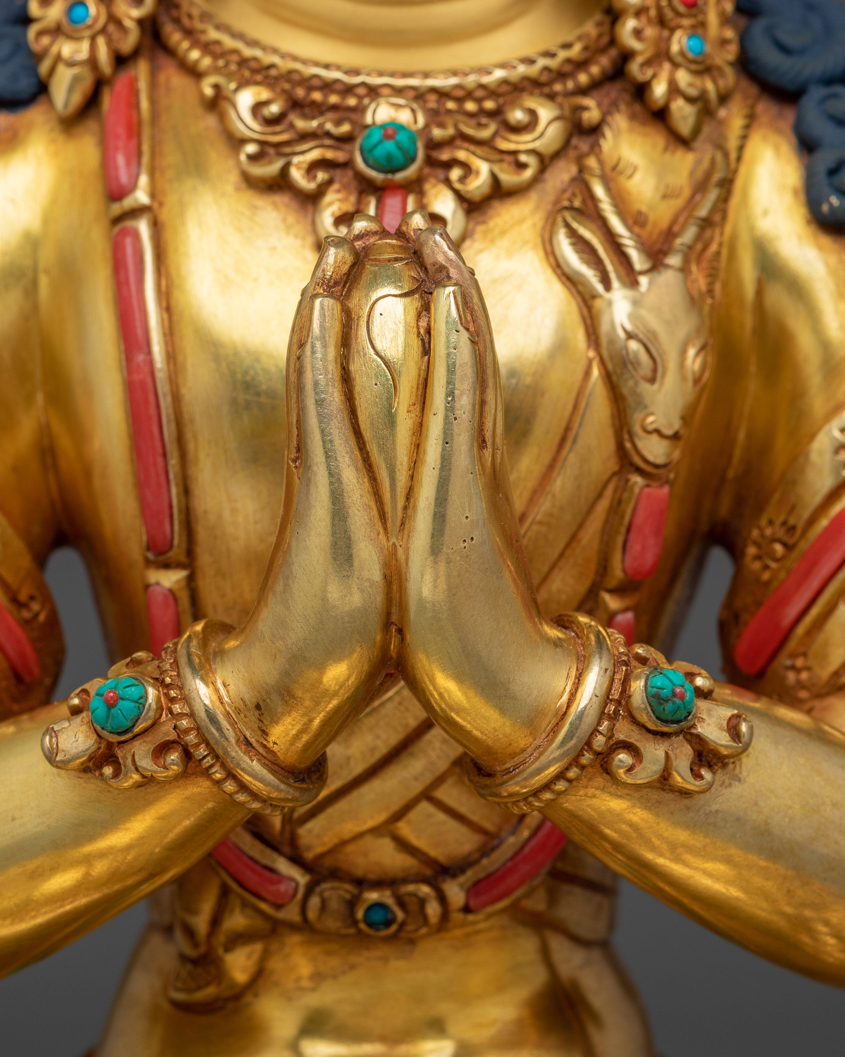 Chenrezig Statue with Gemstones | 24K Gold Gilded Avalokiteshvara Sculpture