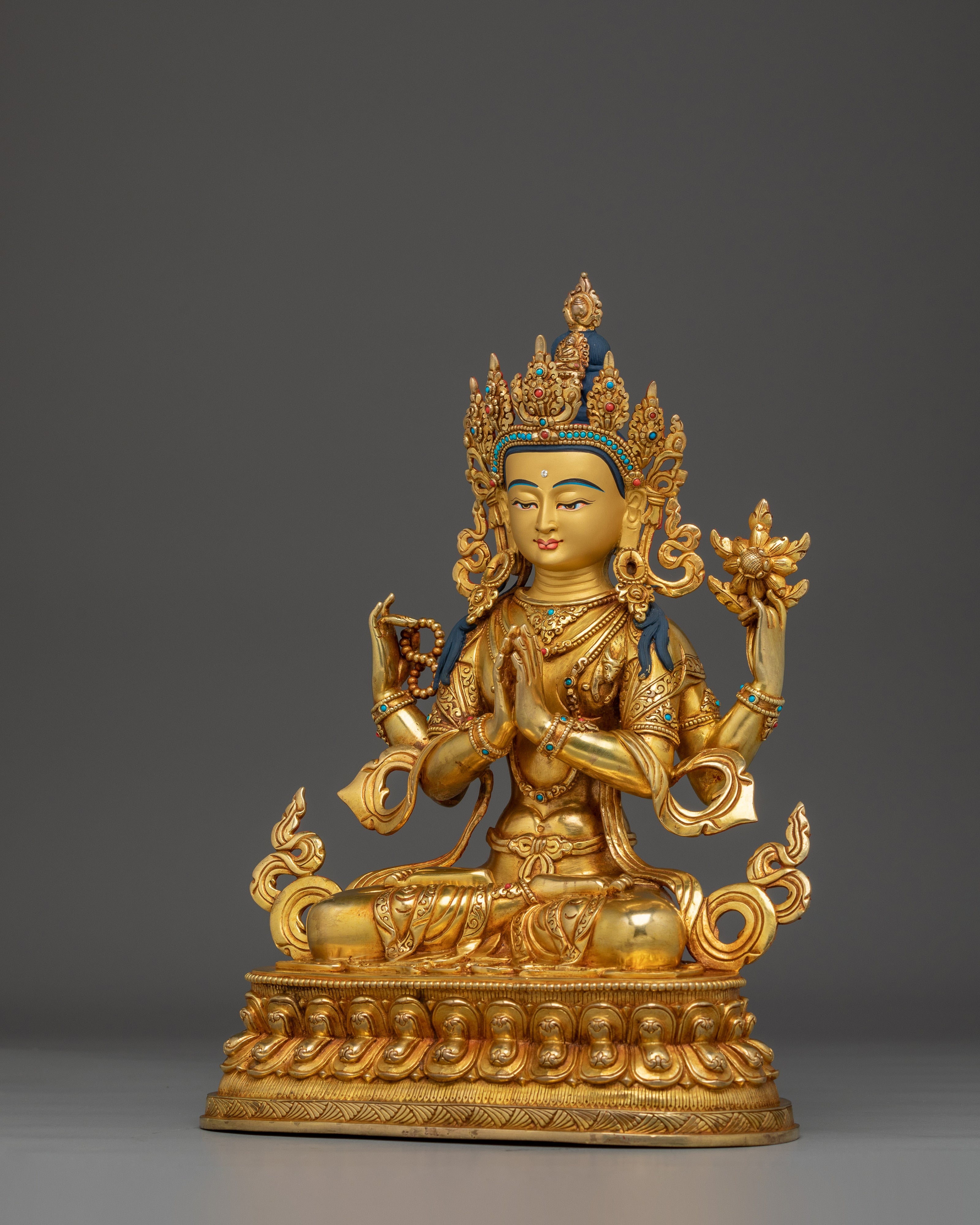 Gold Gilded Copper Avalokiteshvara Sculpture | Four-Armed Compassion Deity