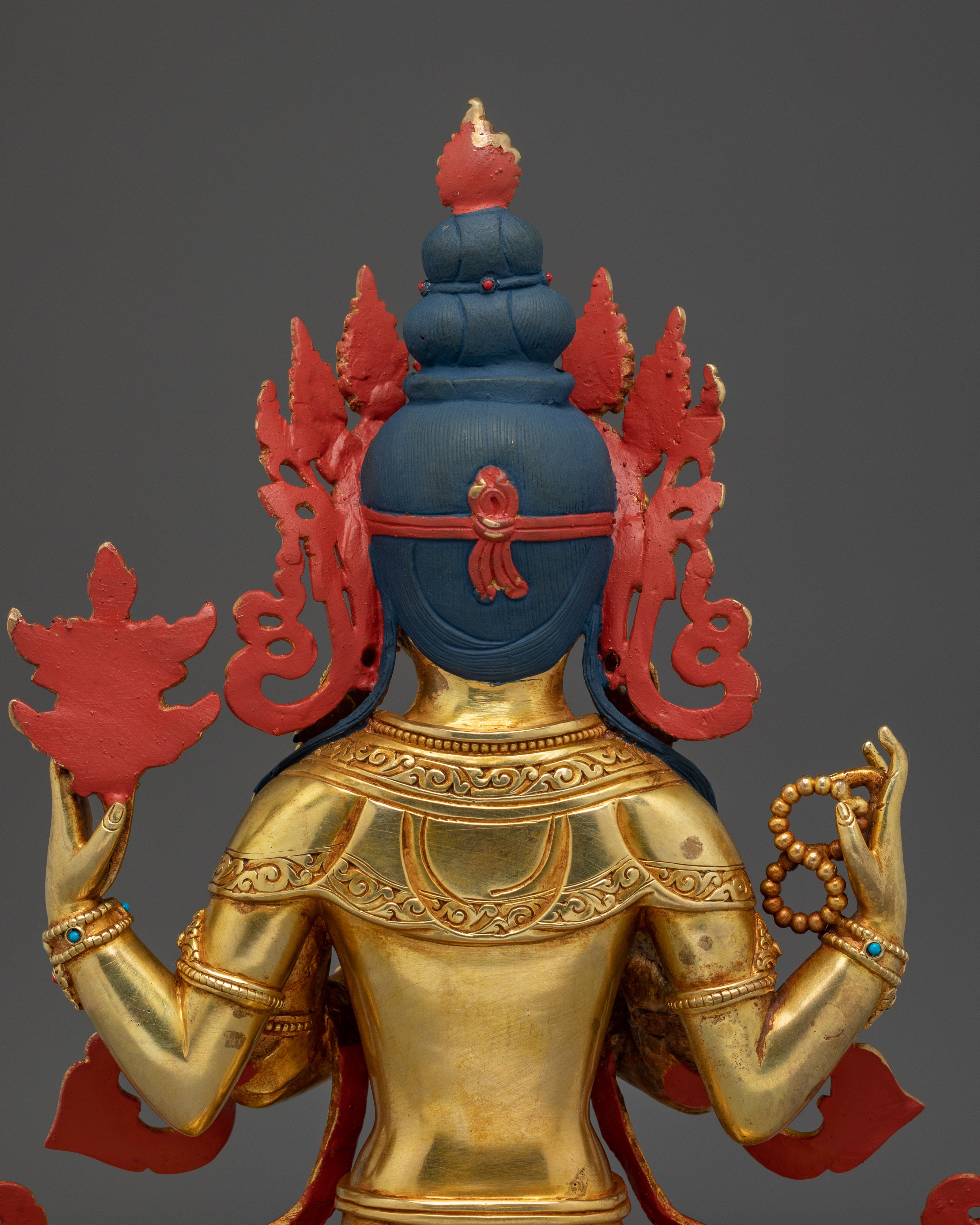 Gold Gilded Copper Avalokiteshvara Sculpture | Four-Armed Compassion Deity