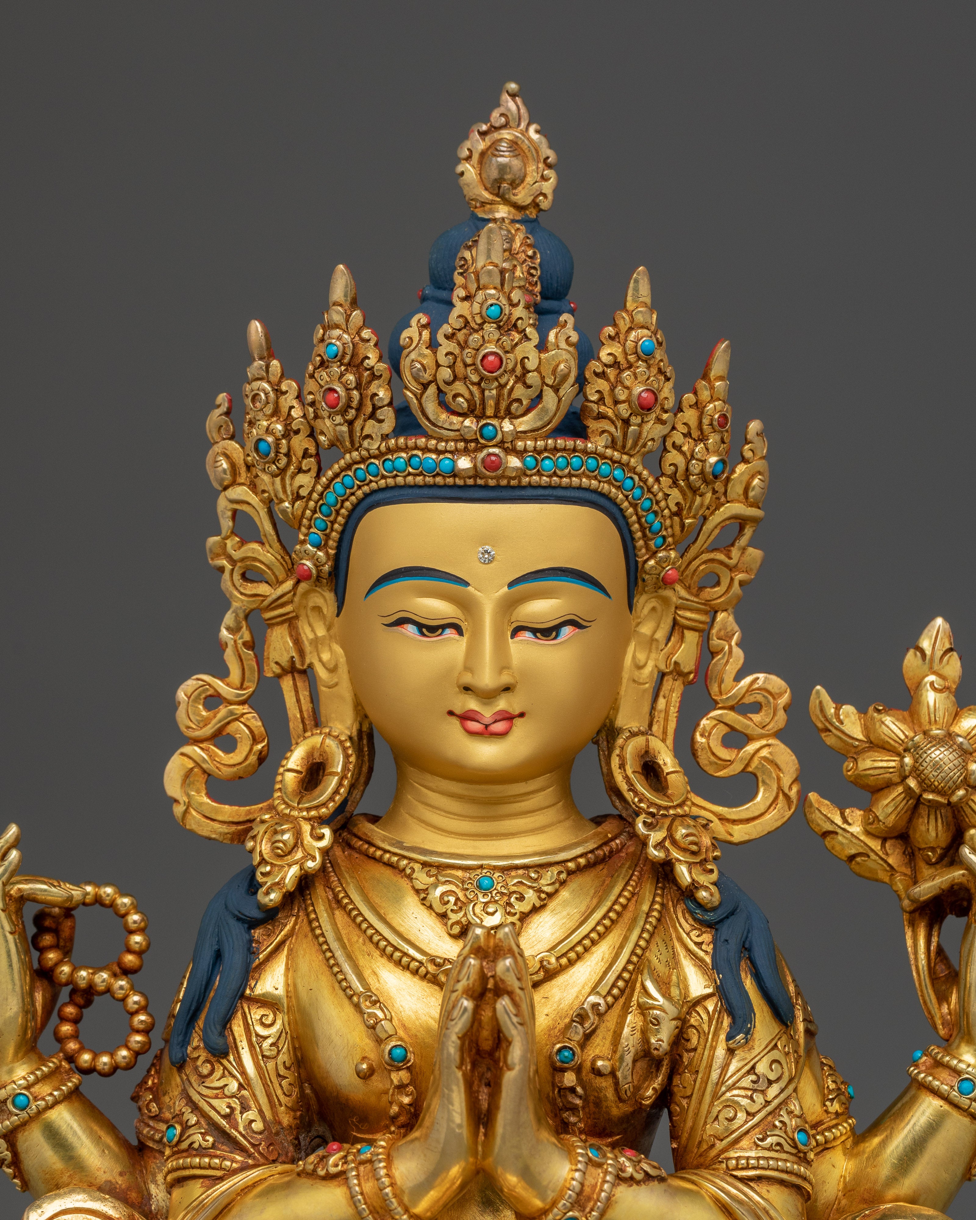 Gold Gilded Copper Avalokiteshvara Sculpture | Four-Armed Compassion Deity