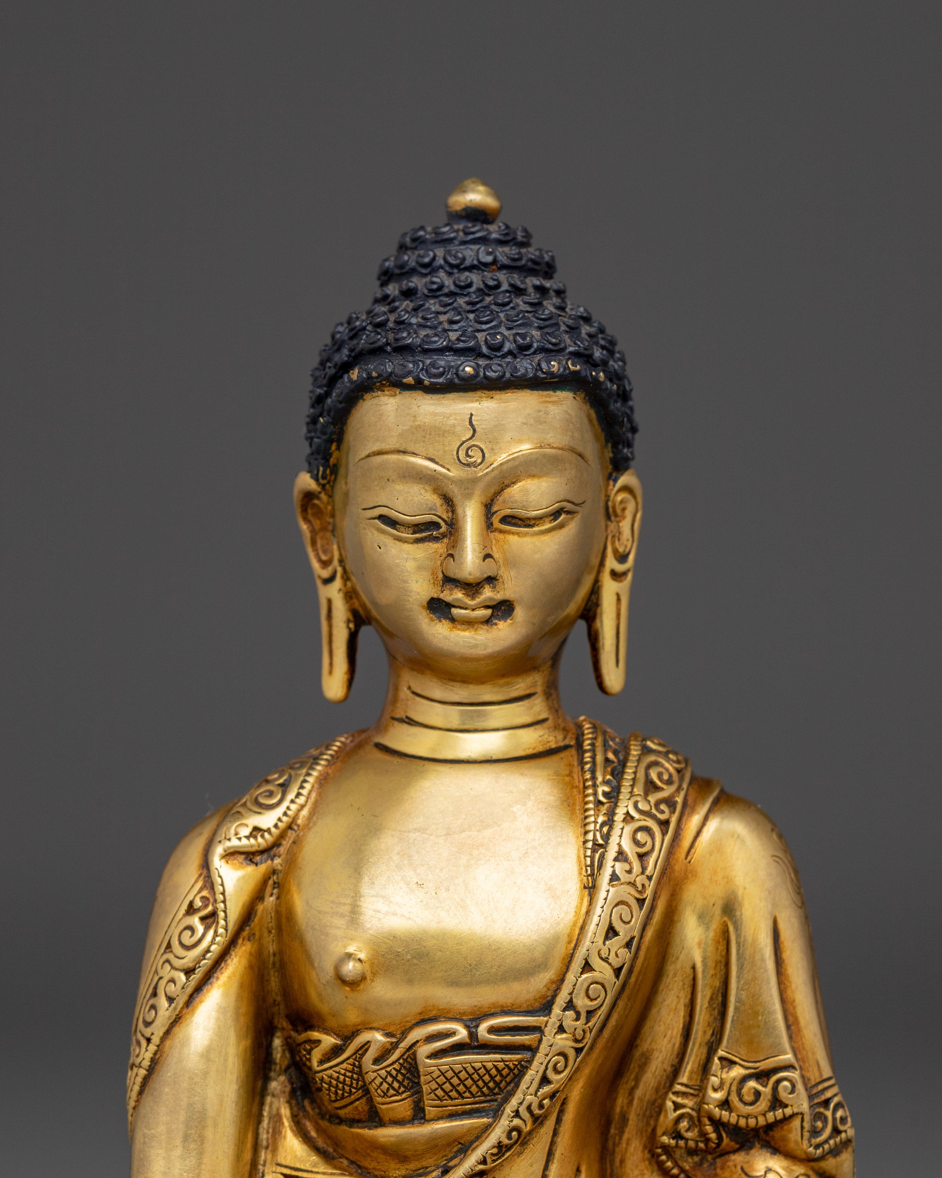 Peaceful Golden Shakyamuni Buddha Art | Himalayan Sculpture