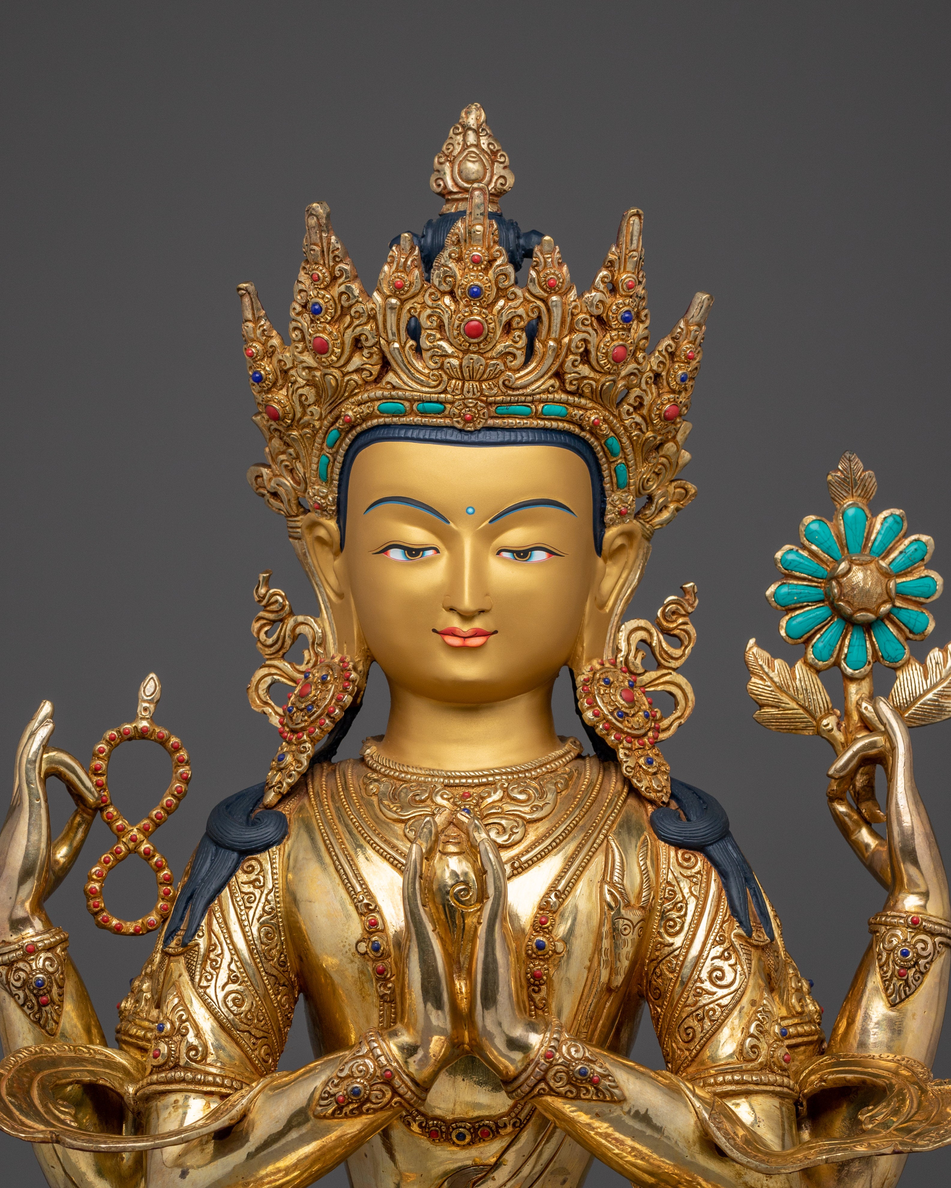 Gold Gilded Four Armed Chenrezig Statue with Copper for Meditation